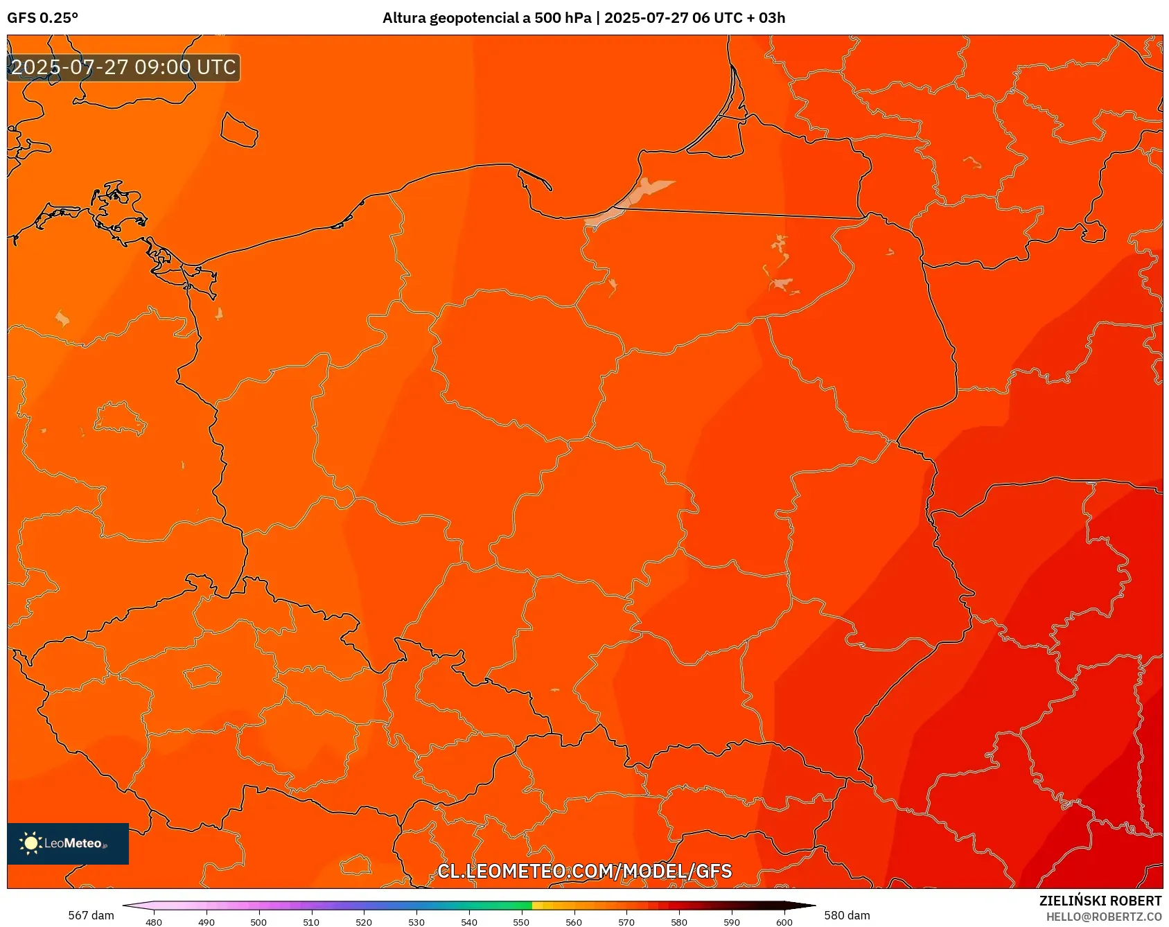 GFS model - Polonia, Altura geopotencial a 500 hPa GFS model - Polonia, Altura geopotencial a 500 hPa