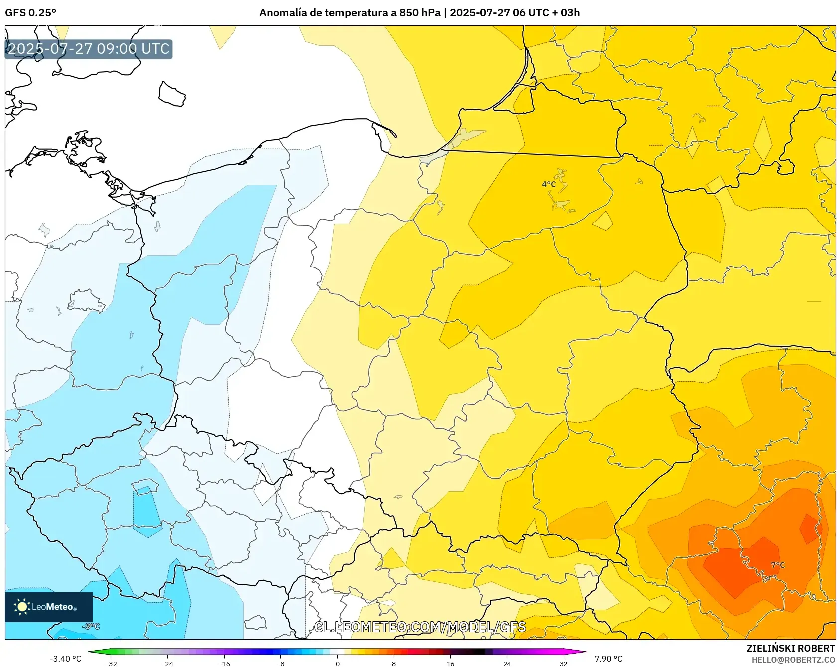 GFS model - Polonia, Anomalía de temperatura a 850 hPa GFS model - Polonia, Anomalía de temperatura a 850 hPa