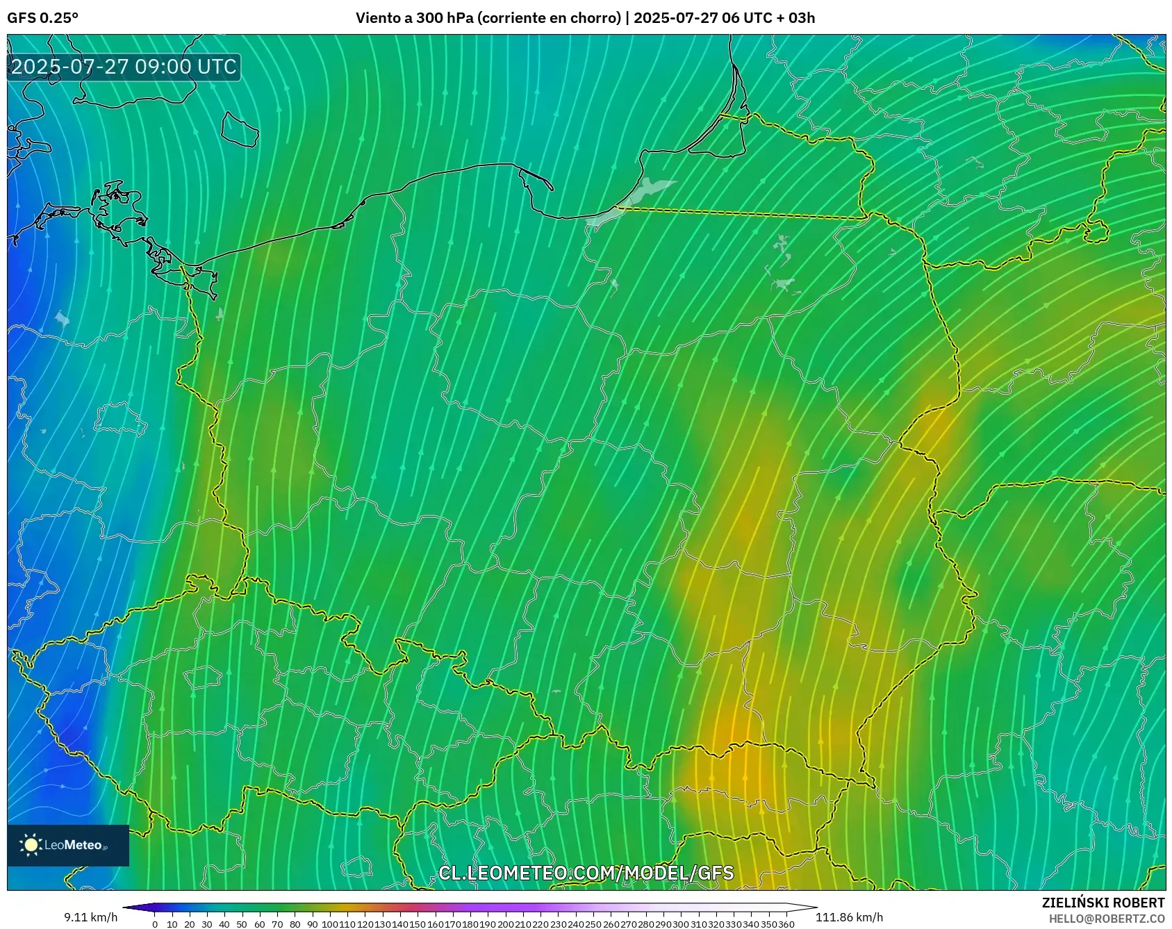 GFS model - Polonia, Viento a 300 hPa (corriente en chorro) GFS model - Polonia, Viento a 300 hPa (corriente en chorro)