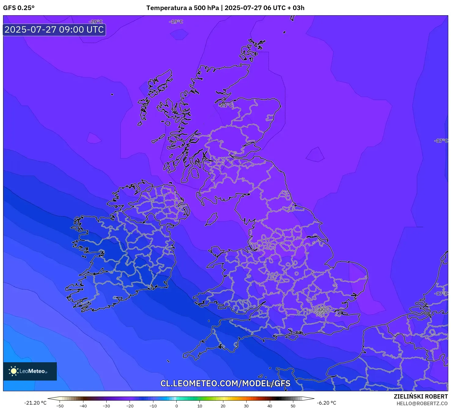 GFS model - Reino Unido, Temperatura a 500 hPa GFS model - Reino Unido, Temperatura a 500 hPa