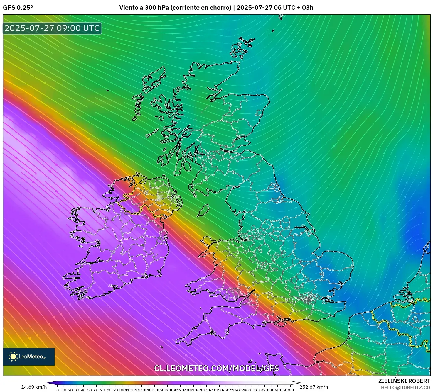 GFS model - Reino Unido, Viento a 300 hPa (corriente en chorro) GFS model - Reino Unido, Viento a 300 hPa (corriente en chorro)