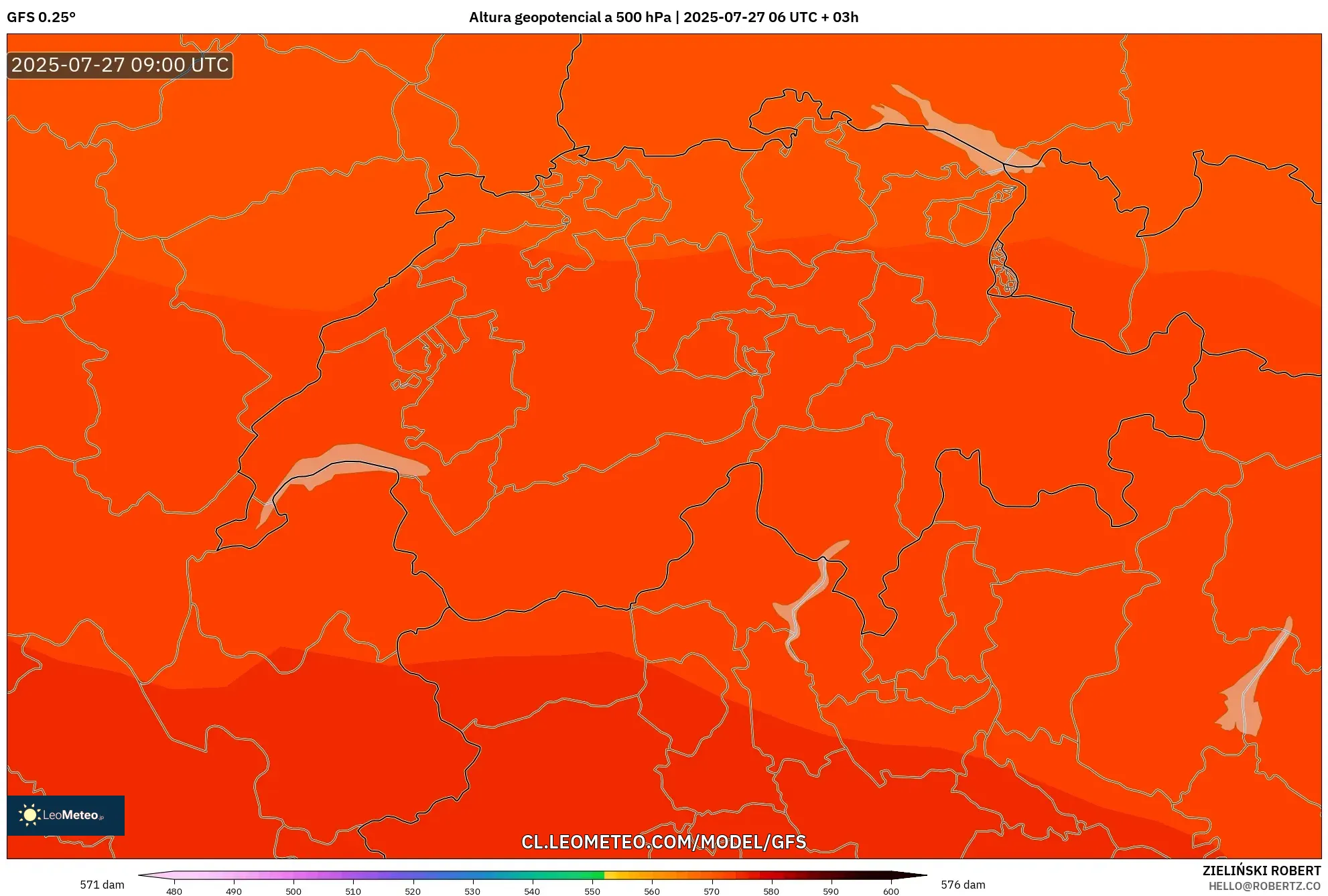 GFS model - Suiza, Altura geopotencial a 500 hPa GFS model - Suiza, Altura geopotencial a 500 hPa