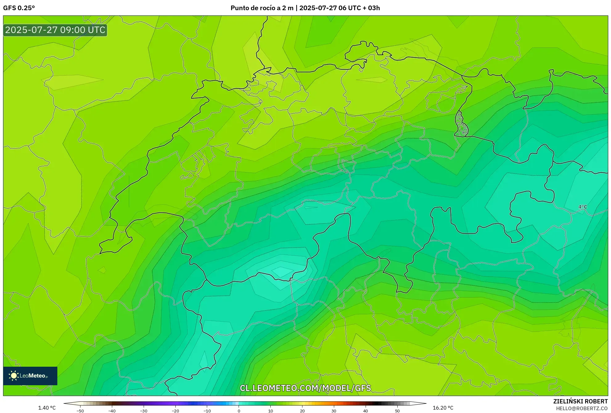 GFS model - Suiza, Punto de rocío a 2 m GFS model - Suiza, Punto de rocío a 2 m