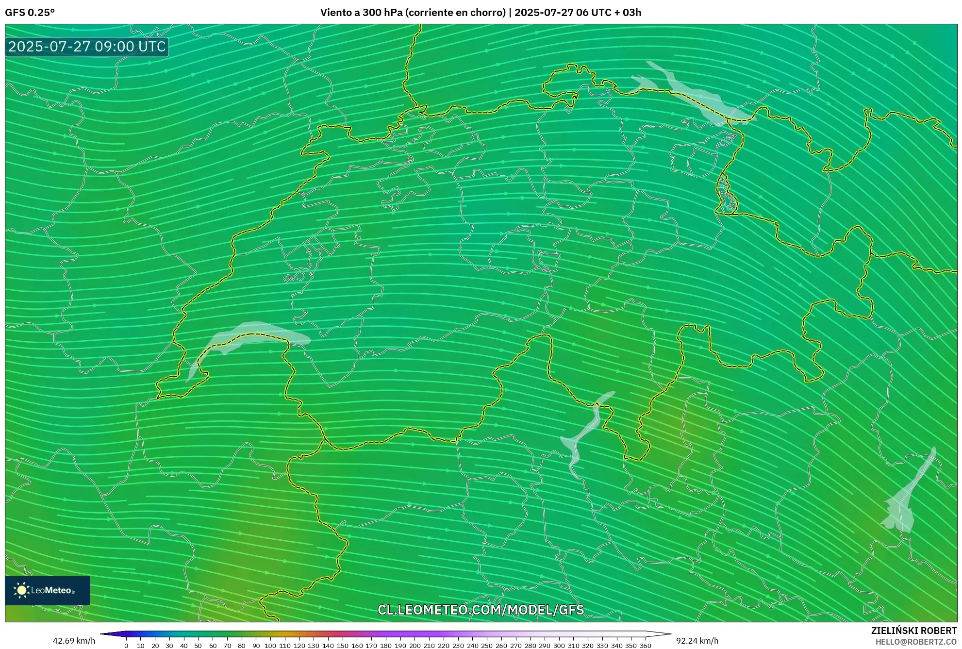 GFS model - Suiza, Viento a 300 hPa (corriente en chorro) GFS model - Suiza, Viento a 300 hPa (corriente en chorro)
