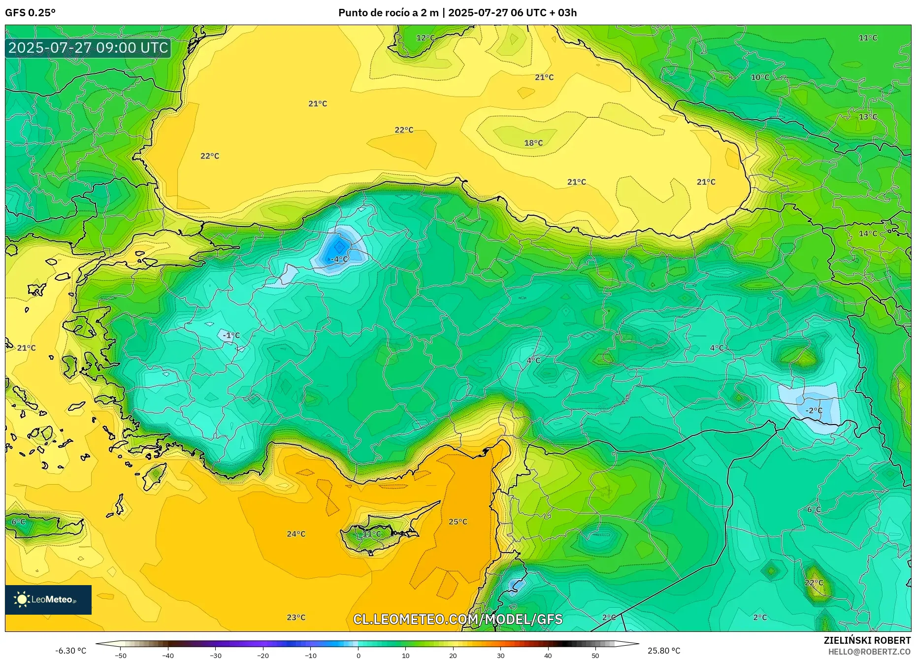 GFS model - Turquía, Punto de rocío a 2 m GFS model - Turquía, Punto de rocío a 2 m
