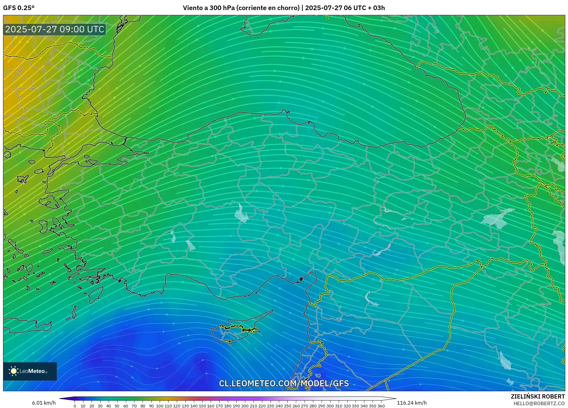 GFS model - Turquía, Viento a 300 hPa (corriente en chorro) GFS model - Turquía, Viento a 300 hPa (corriente en chorro)