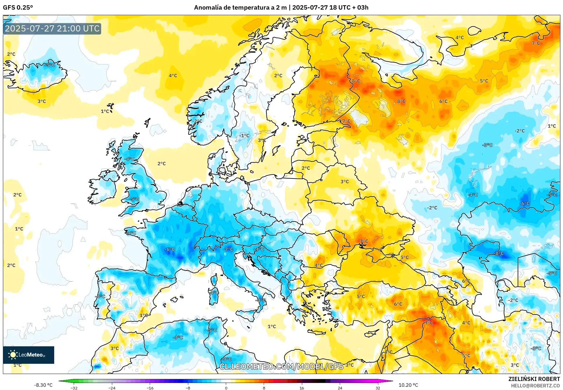 GFS model - Europa, Anomalía de temperatura a 2 m GFS model - Europa, Anomalía de temperatura a 2 m