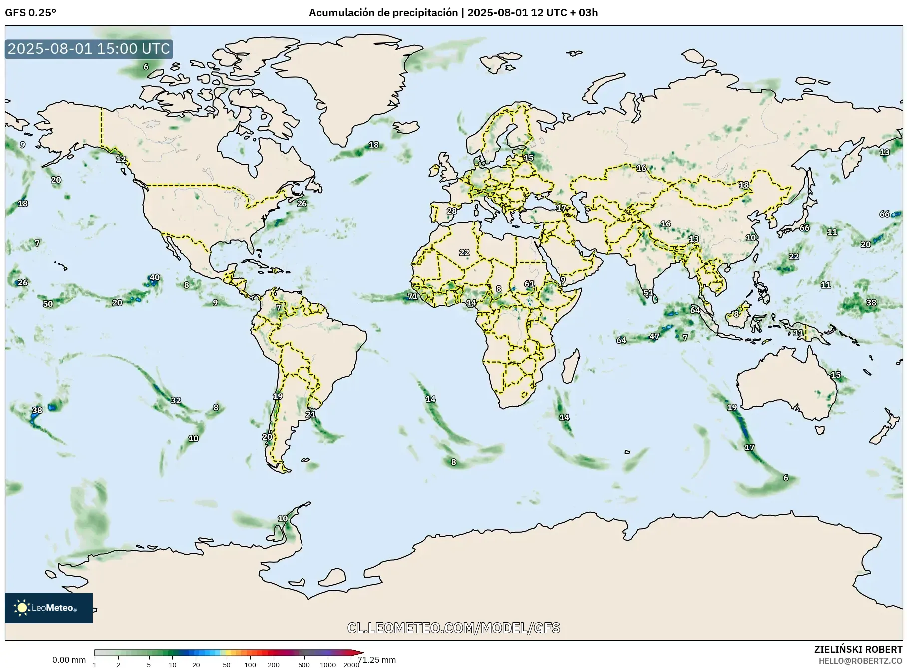 GFS model - Mundo, Acumulación de precipitación GFS model - Mundo, Acumulación de precipitación