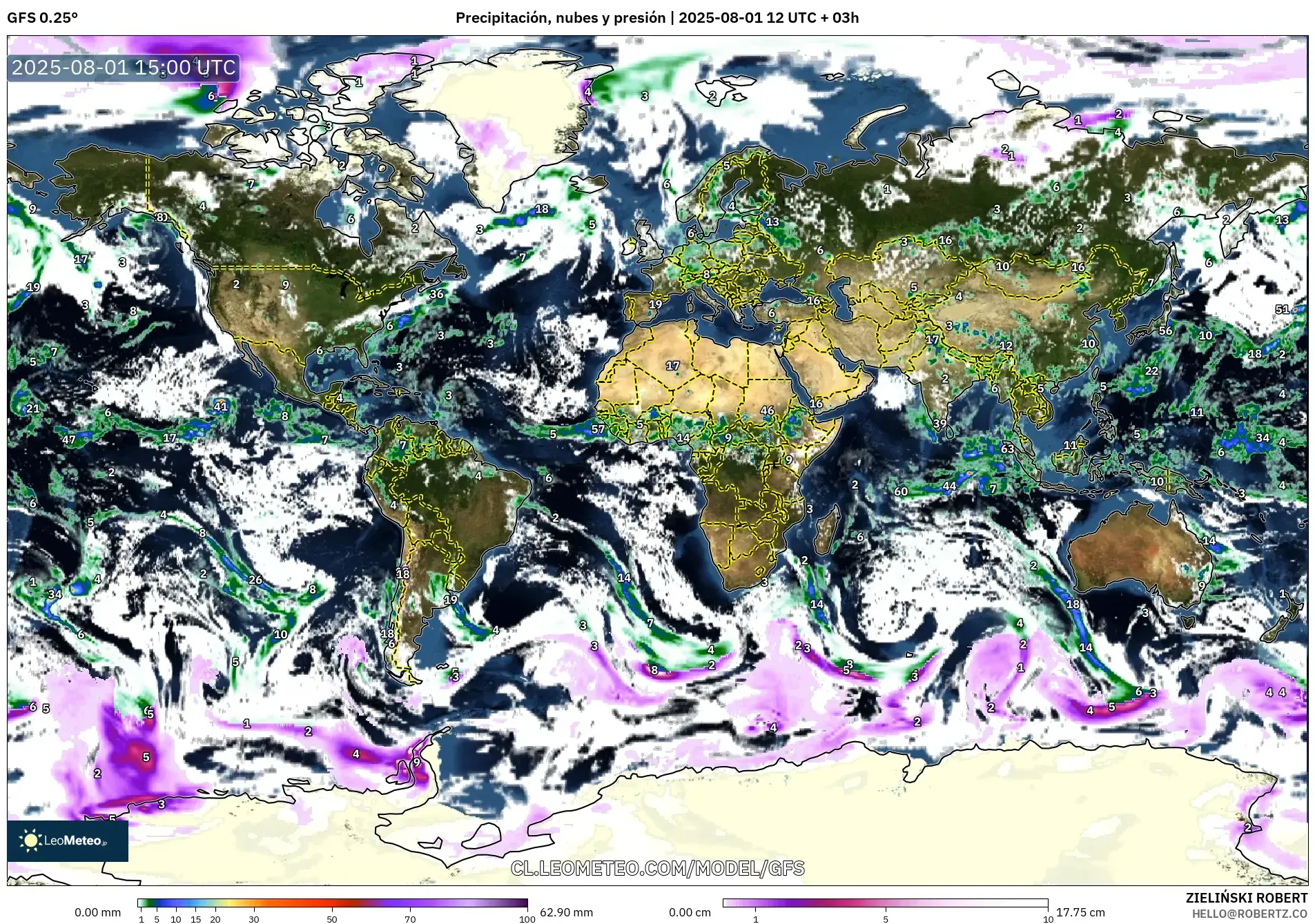 GFS model - Mundo, Precipitación, nubes y presión GFS model - Mundo, Precipitación, nubes y presión