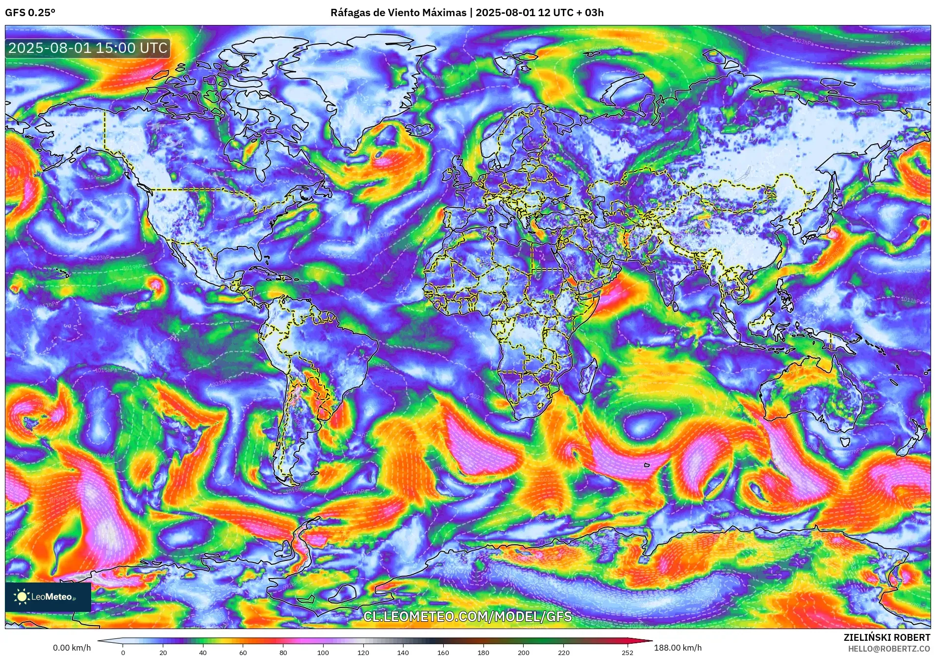 GFS model - Mundo, Ráfagas de Viento Máximas GFS model - Mundo, Ráfagas de Viento Máximas
