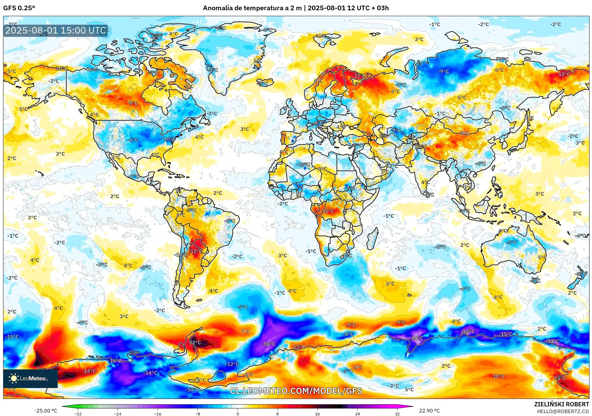 GFS model - Mundo, Anomalía de temperatura a 2 m GFS model - Mundo, Anomalía de temperatura a 2 m