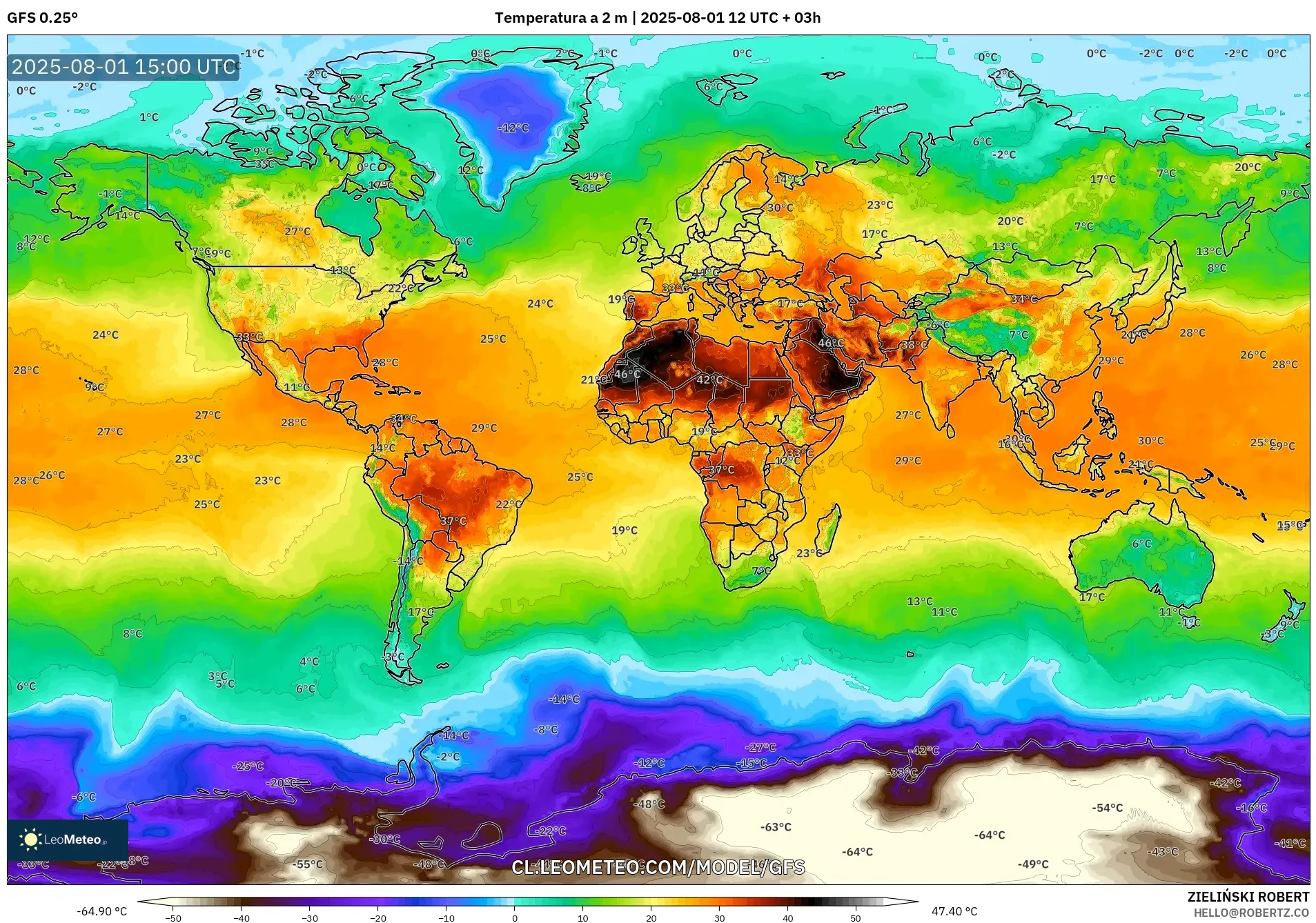 GFS model - Mundo, Temperatura a 2 m GFS model - Mundo, Temperatura a 2 m
