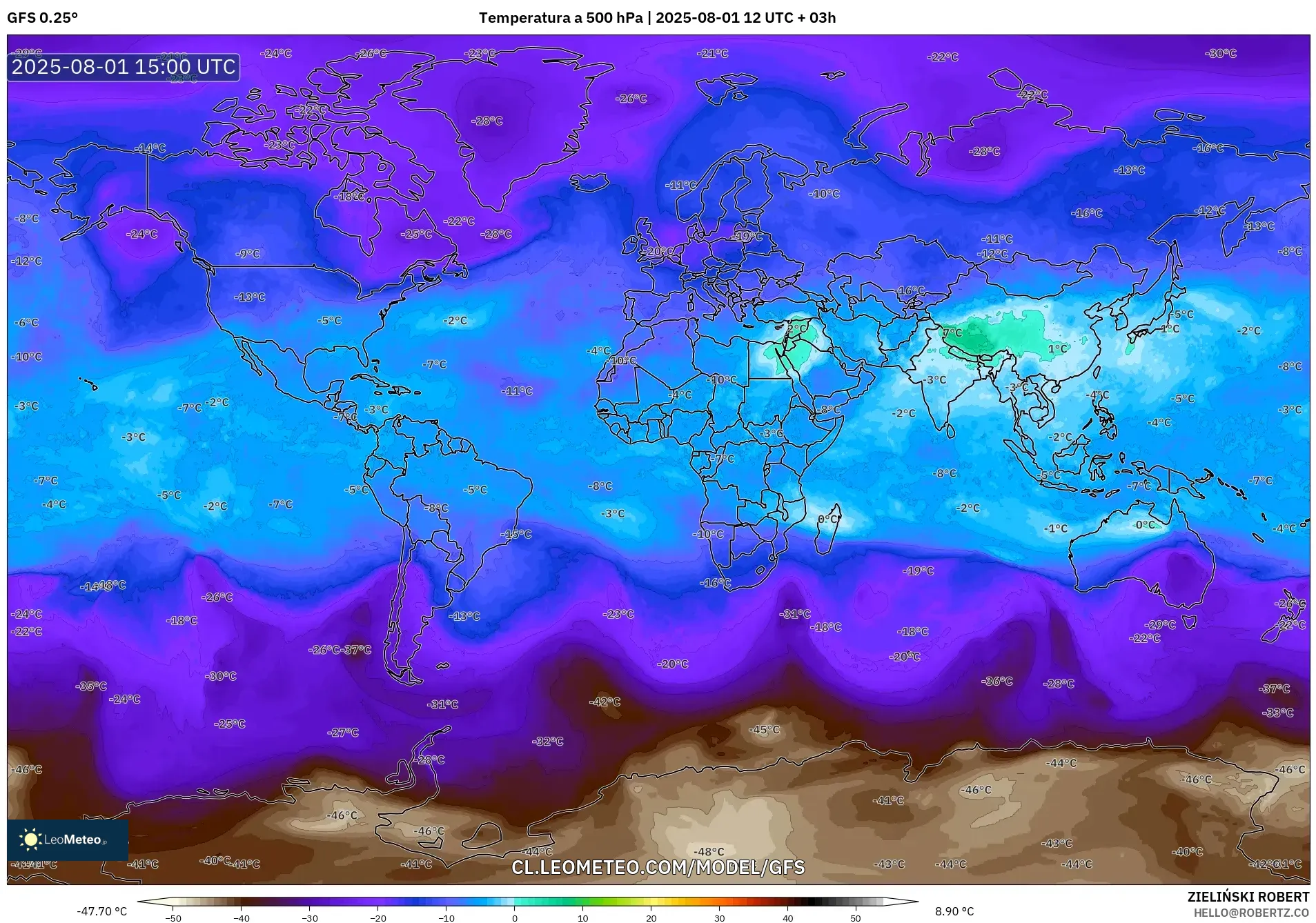 GFS model - Mundo, Temperatura a 500 hPa GFS model - Mundo, Temperatura a 500 hPa