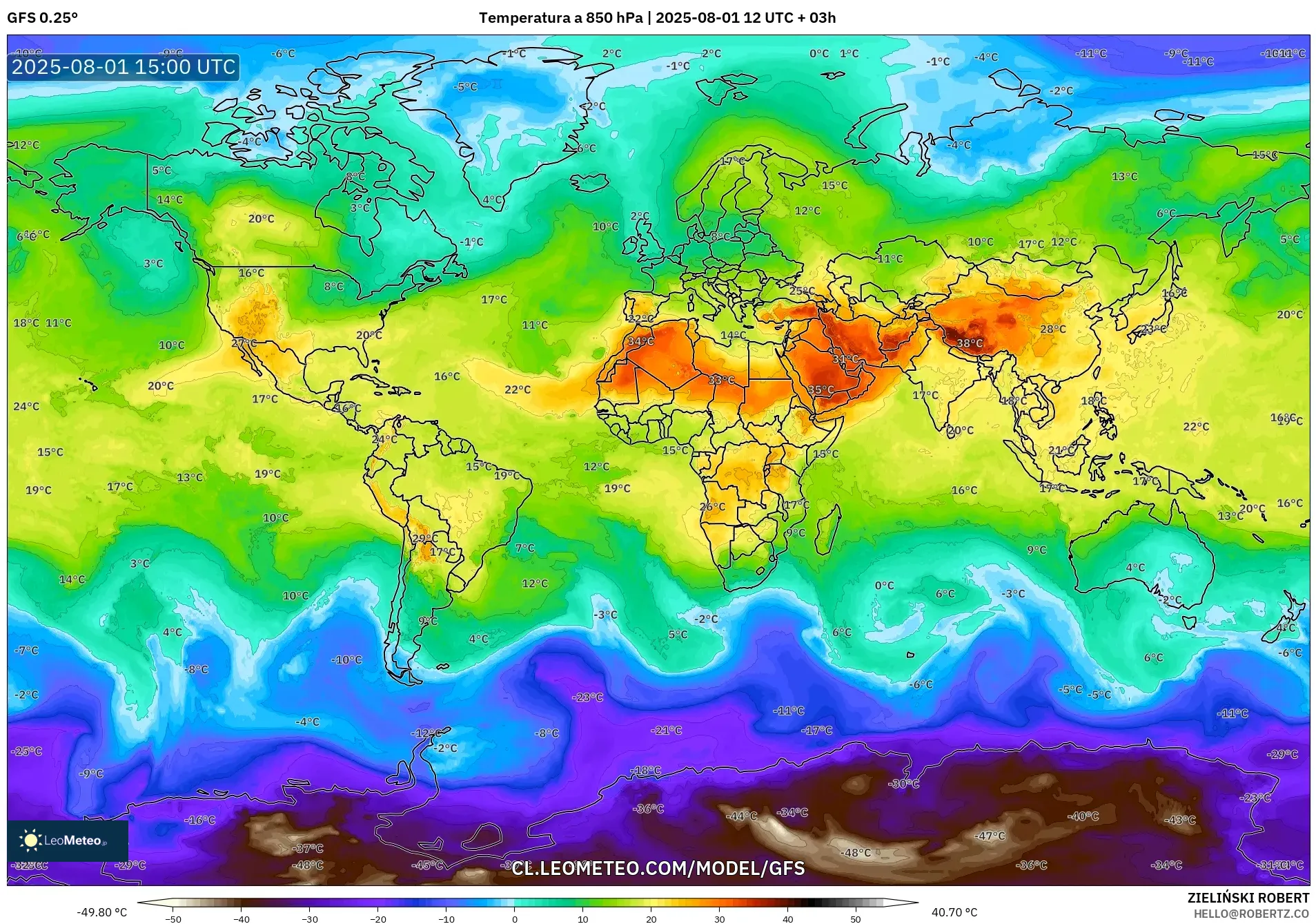 GFS model - Mundo, Temperatura a 850 hPa GFS model - Mundo, Temperatura a 850 hPa