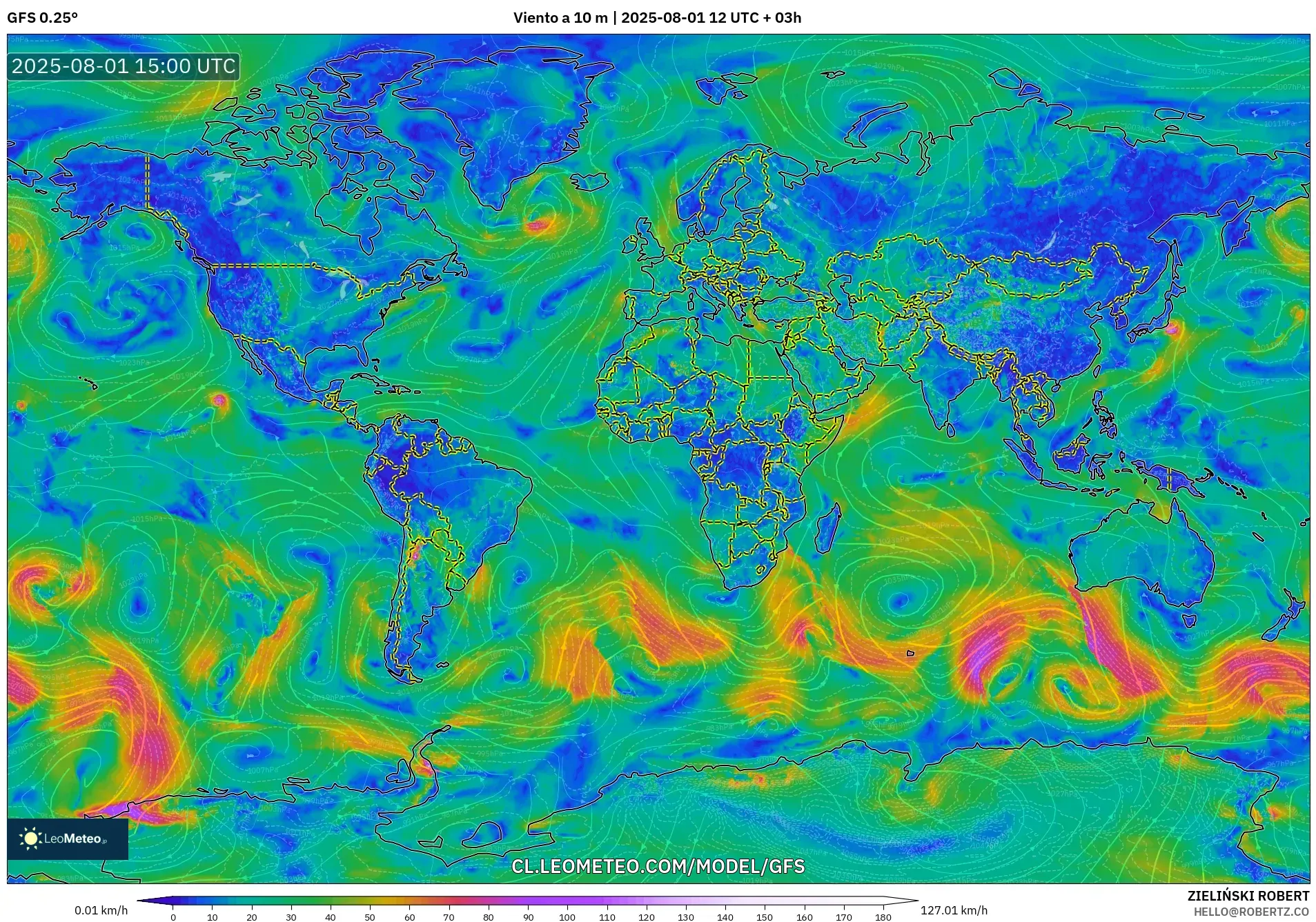 GFS model - Mundo, Viento a 10 m GFS model - Mundo, Viento a 10 m