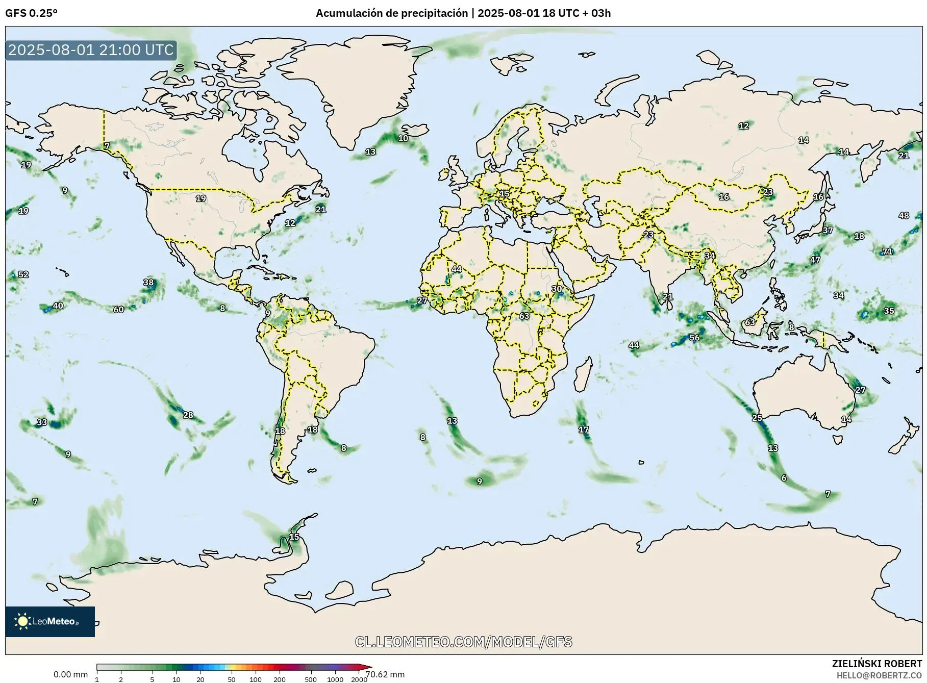 GFS model - Mundo, Acumulación de precipitación GFS model - Mundo, Acumulación de precipitación