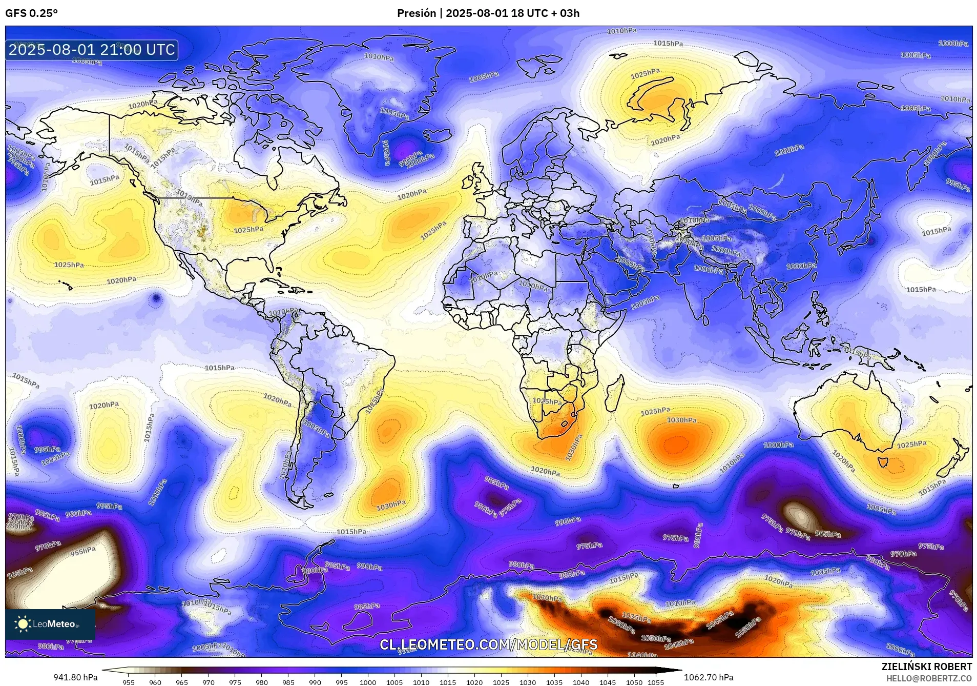 GFS model - Mundo, Presión GFS model - Mundo, Presión