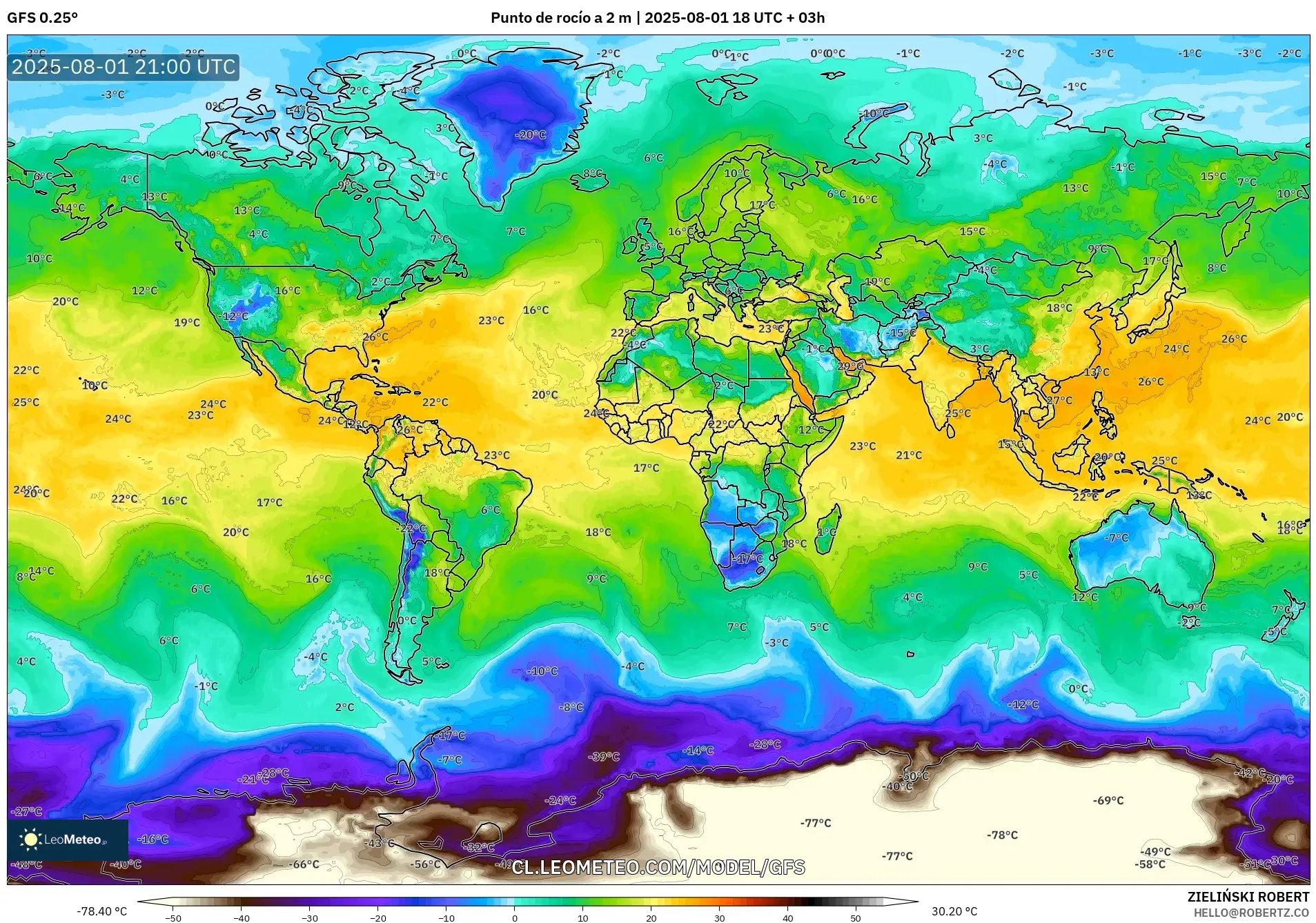 GFS model - Mundo, Punto de rocío a 2 m GFS model - Mundo, Punto de rocío a 2 m