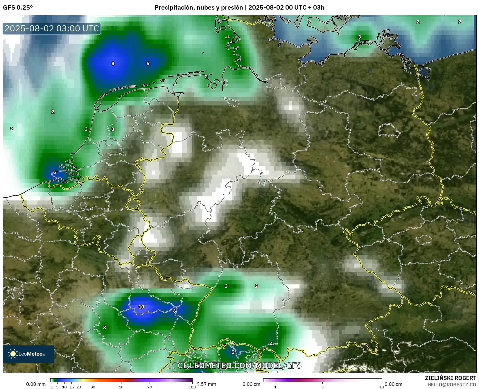 GFS model - Alemania, Precipitación, nubes y presión GFS model - Alemania, Precipitación, nubes y presión