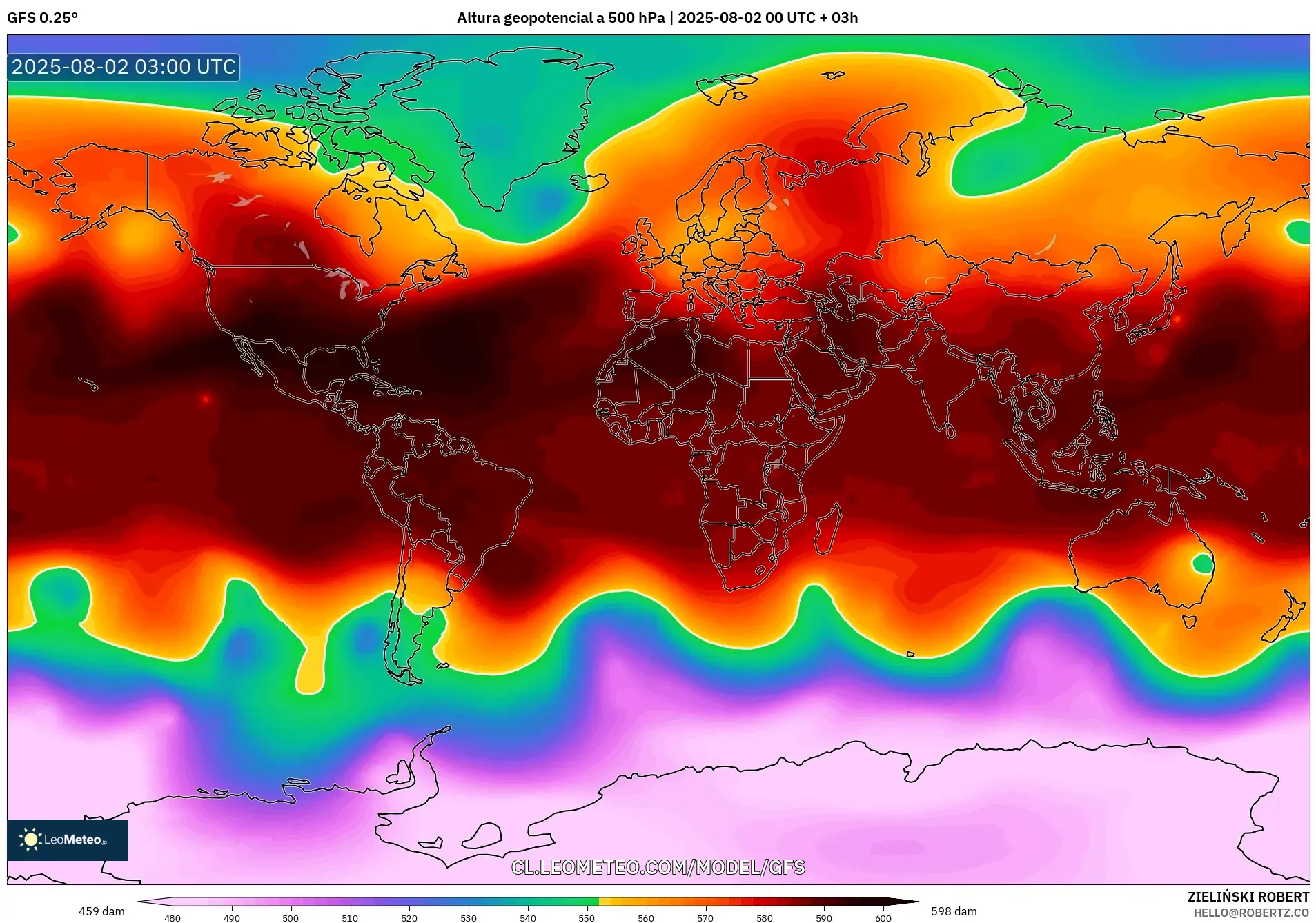 GFS model - Mundo, Altura geopotencial a 500 hPa GFS model - Mundo, Altura geopotencial a 500 hPa