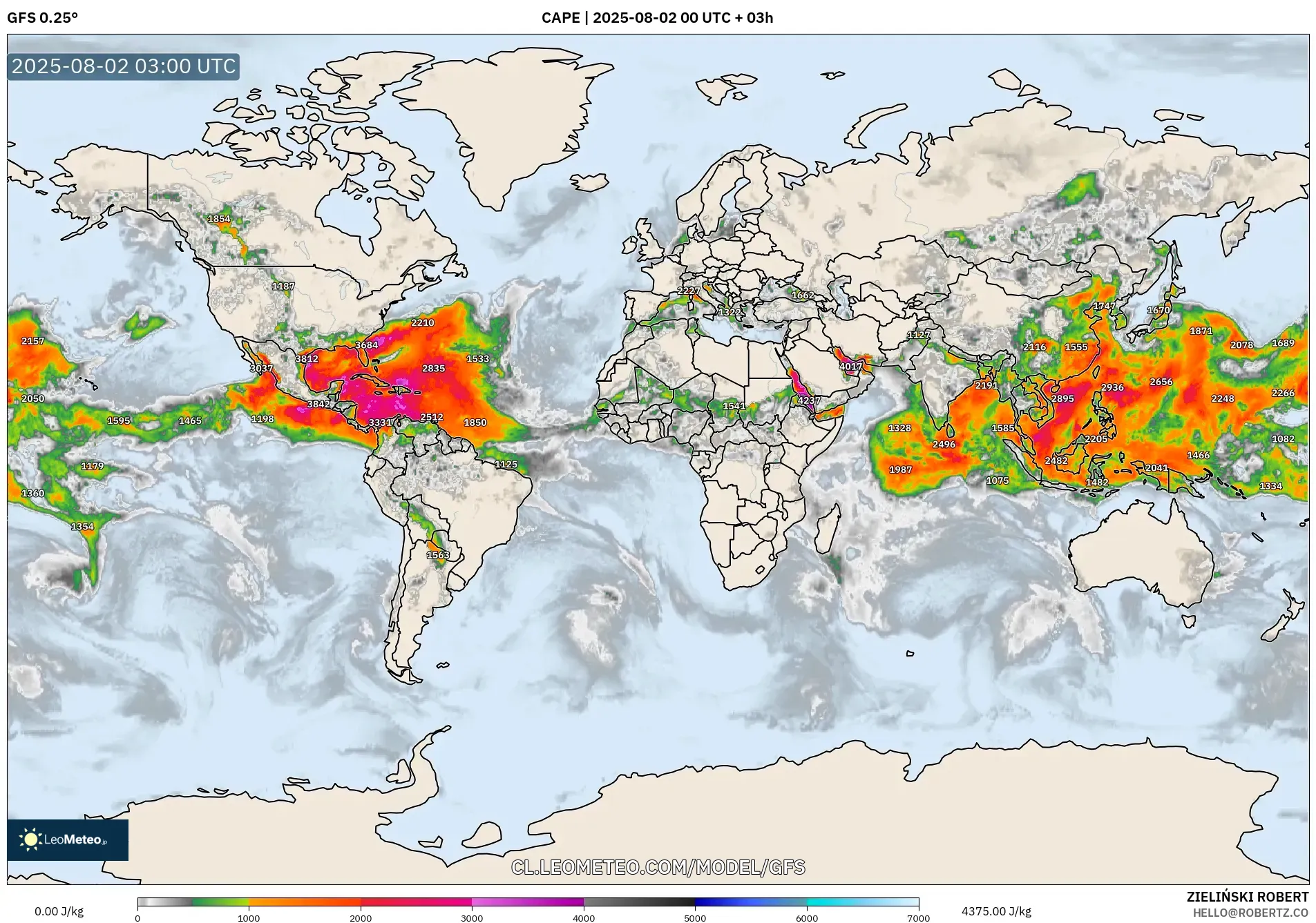 GFS model - Mundo, CAPE GFS model - Mundo, CAPE