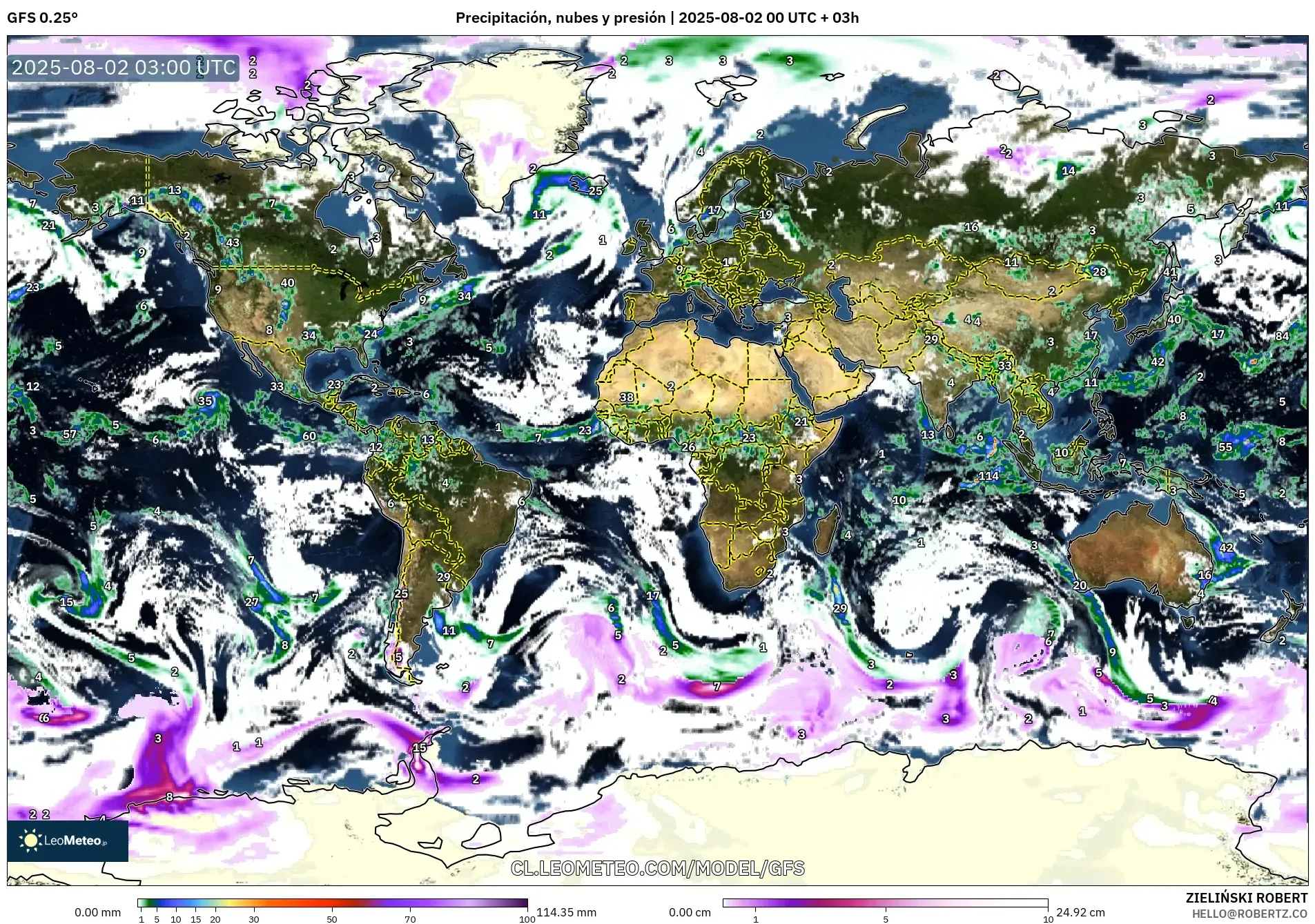 GFS model - Mundo, Precipitación, nubes y presión GFS model - Mundo, Precipitación, nubes y presión