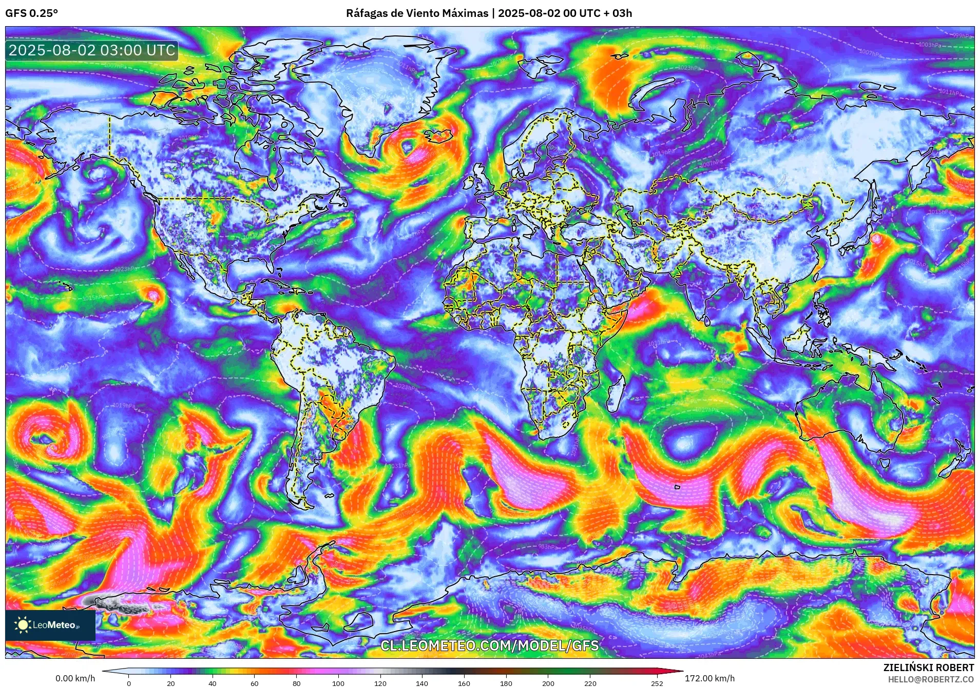 GFS model - Mundo, Ráfagas de Viento Máximas GFS model - Mundo, Ráfagas de Viento Máximas