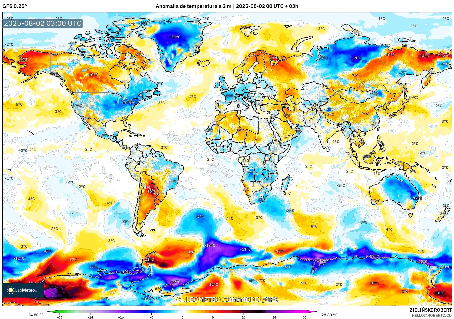 GFS model - Mundo, Anomalía de temperatura a 2 m GFS model - Mundo, Anomalía de temperatura a 2 m
