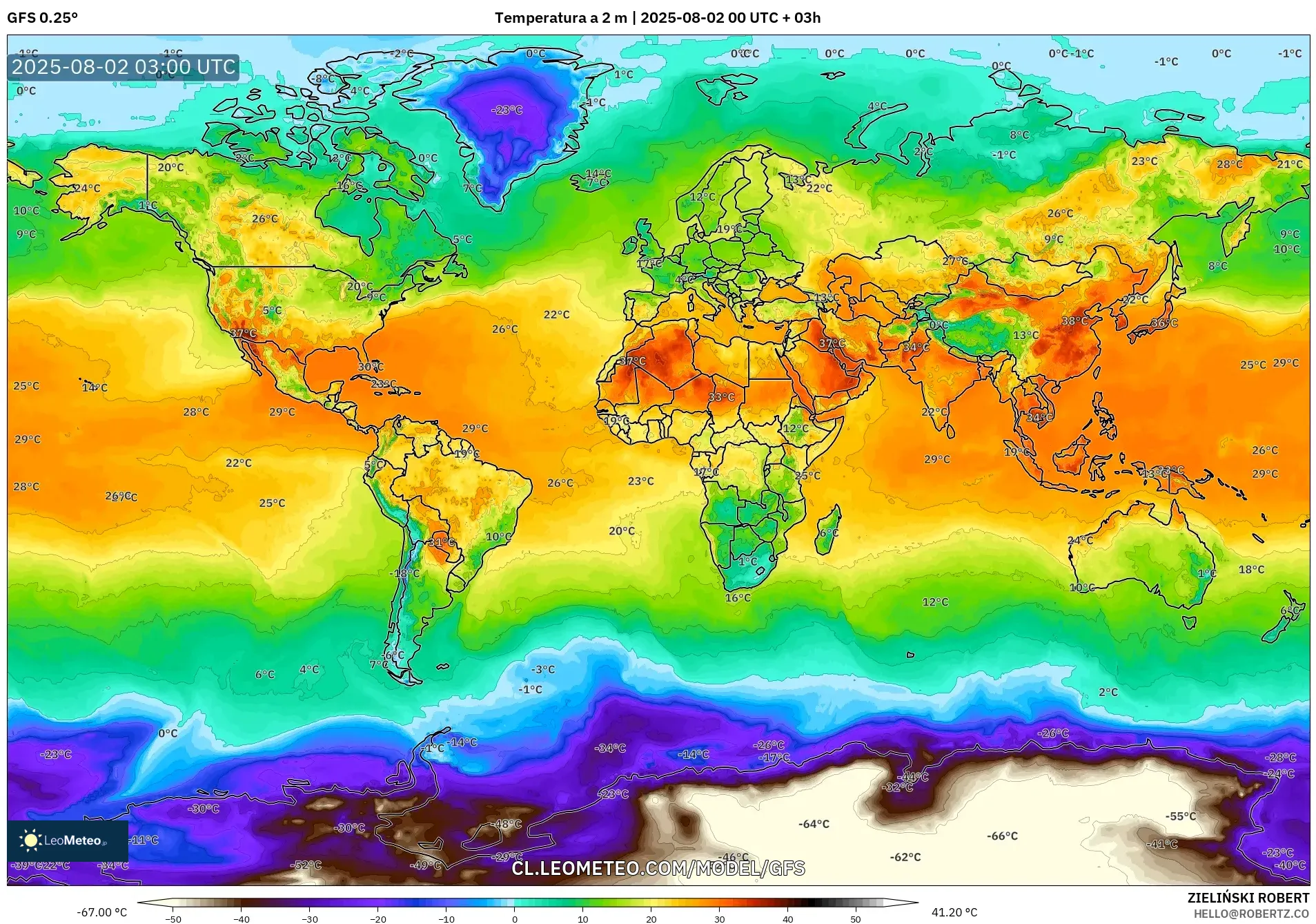 GFS model - Mundo, Temperatura a 2 m GFS model - Mundo, Temperatura a 2 m