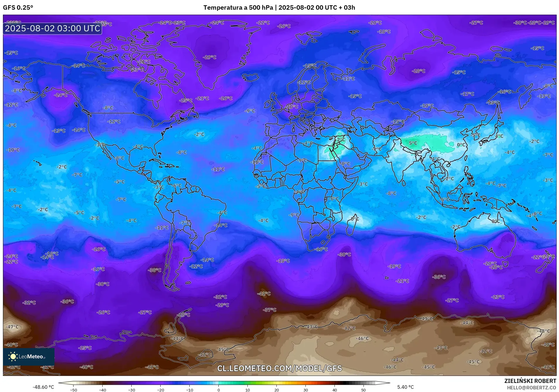 GFS model - Mundo, Temperatura a 500 hPa GFS model - Mundo, Temperatura a 500 hPa