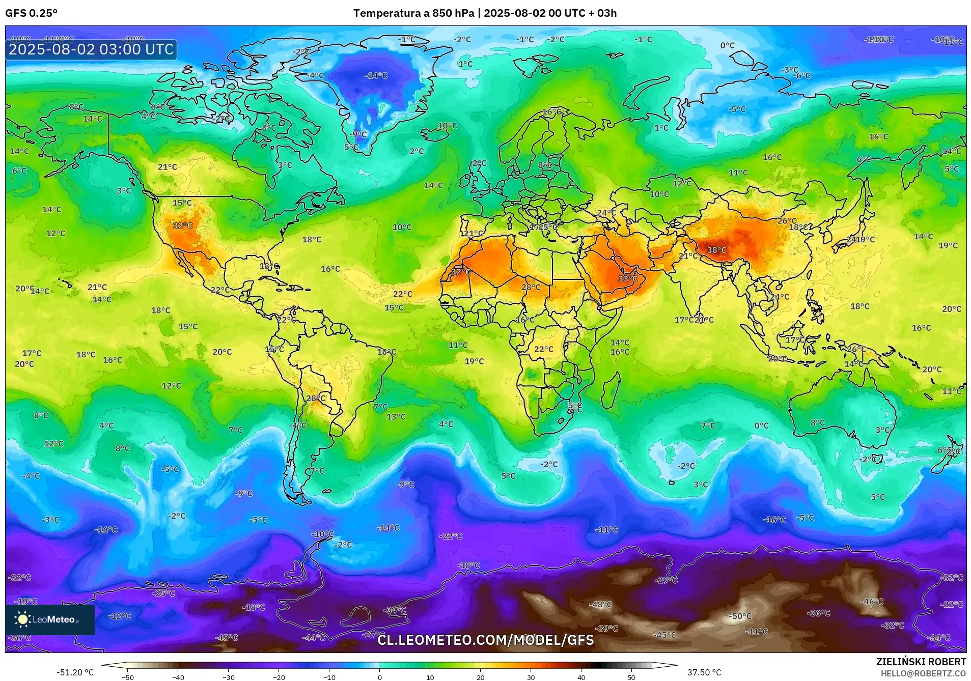 GFS model - Mundo, Temperatura a 850 hPa GFS model - Mundo, Temperatura a 850 hPa