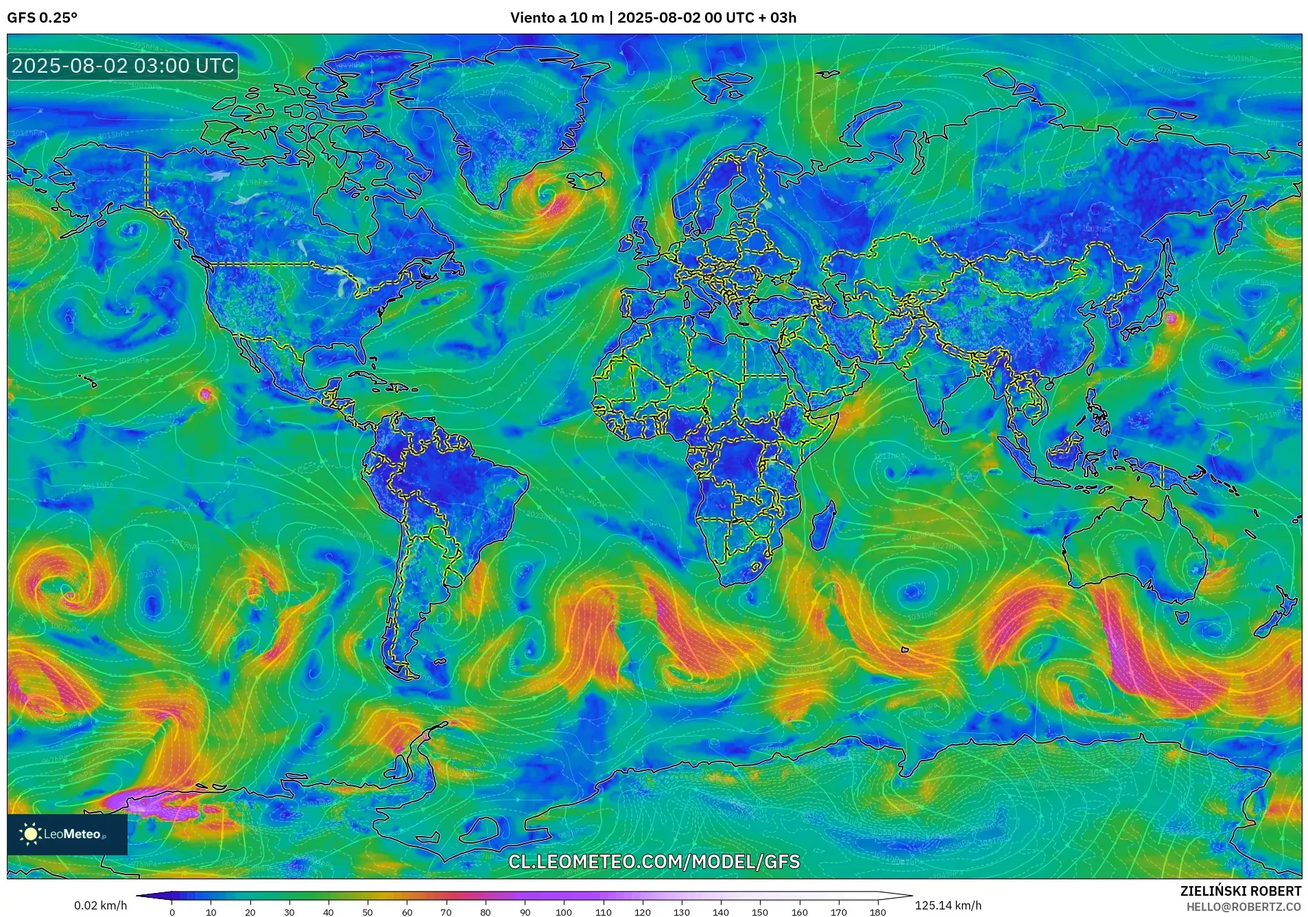 GFS model - Mundo, Viento a 10 m GFS model - Mundo, Viento a 10 m