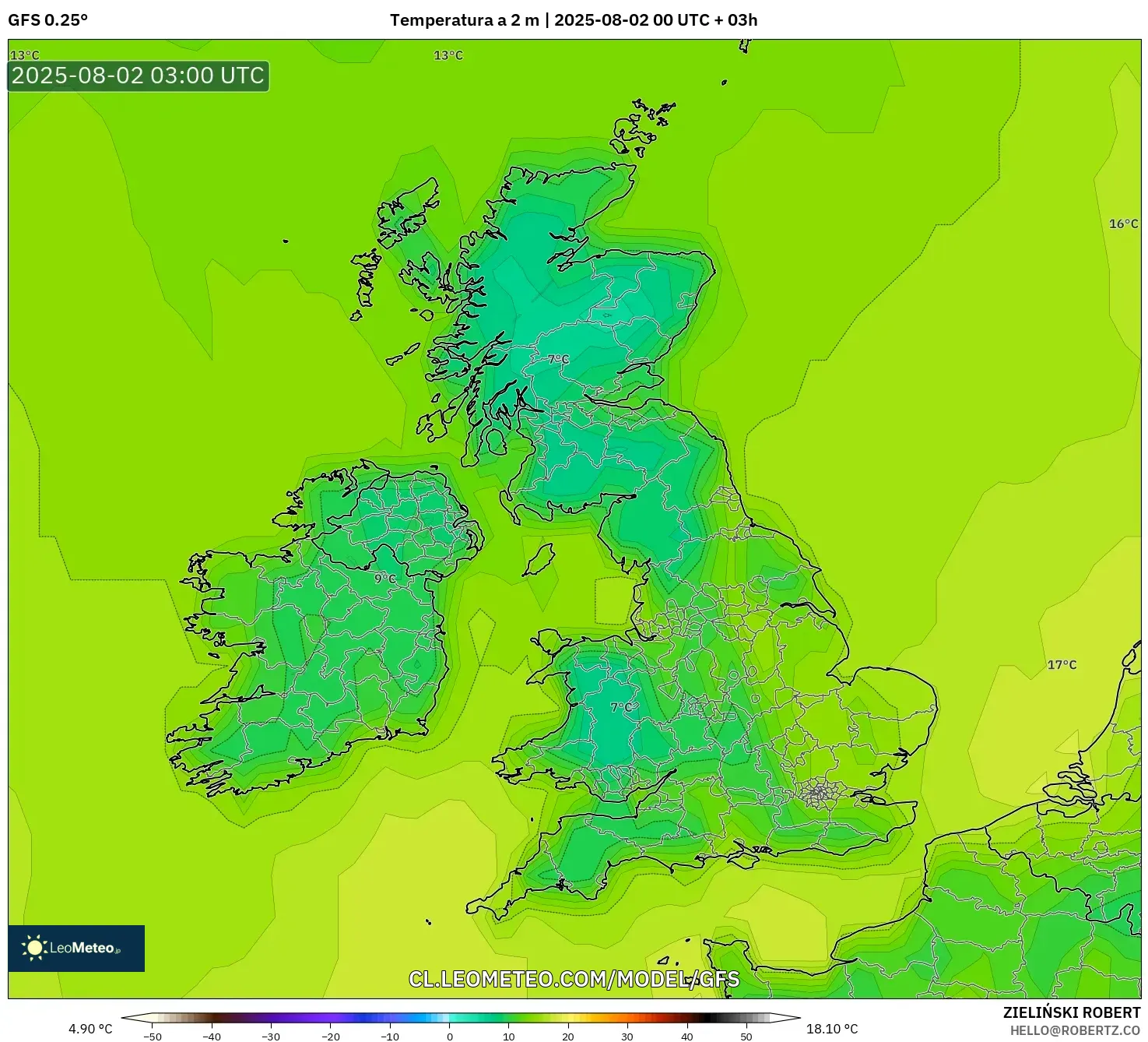 GFS model - Reino Unido, Temperatura a 2 m GFS model - Reino Unido, Temperatura a 2 m