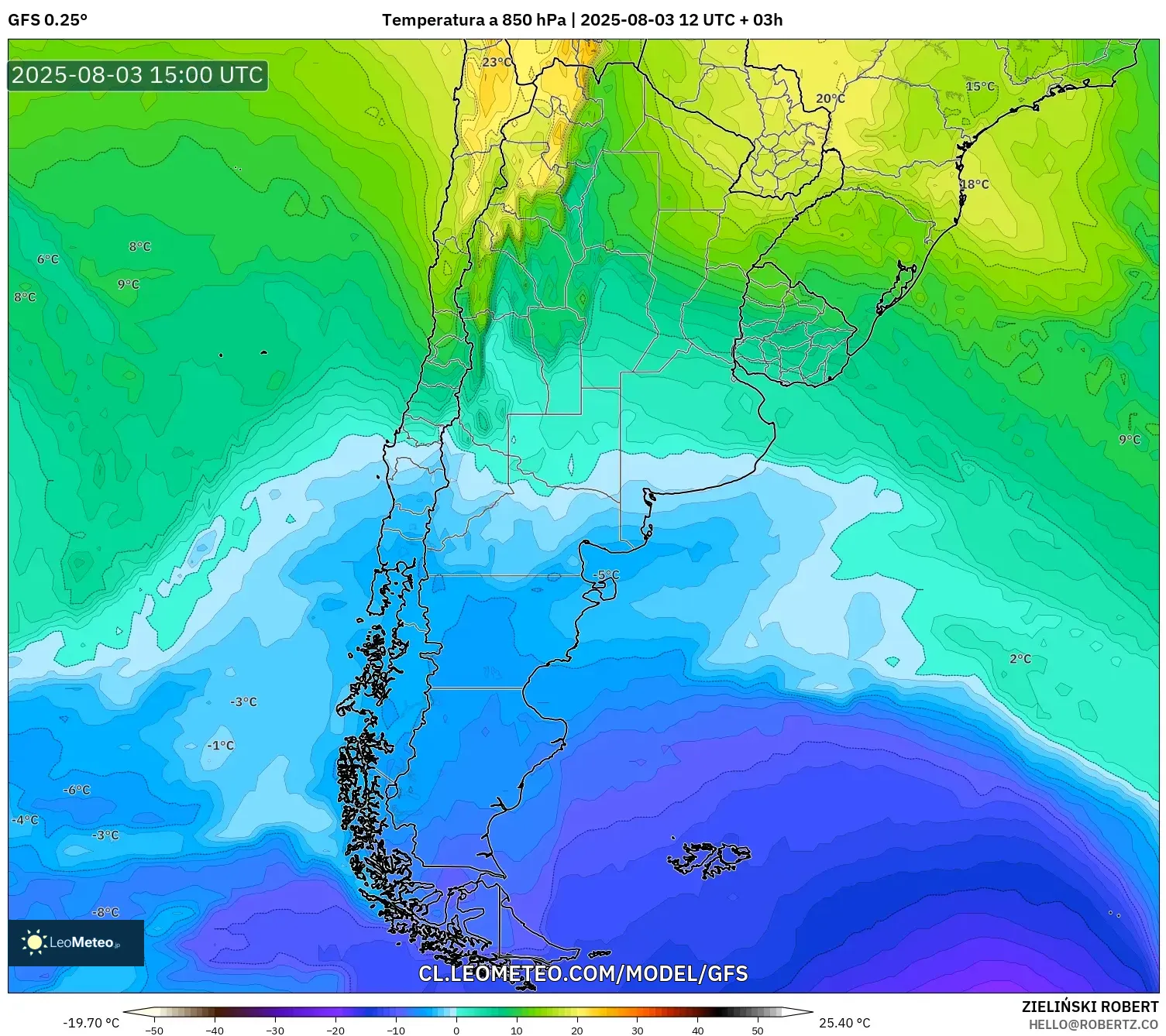 GFS model - Argentina, Temperatura a 850 hPa