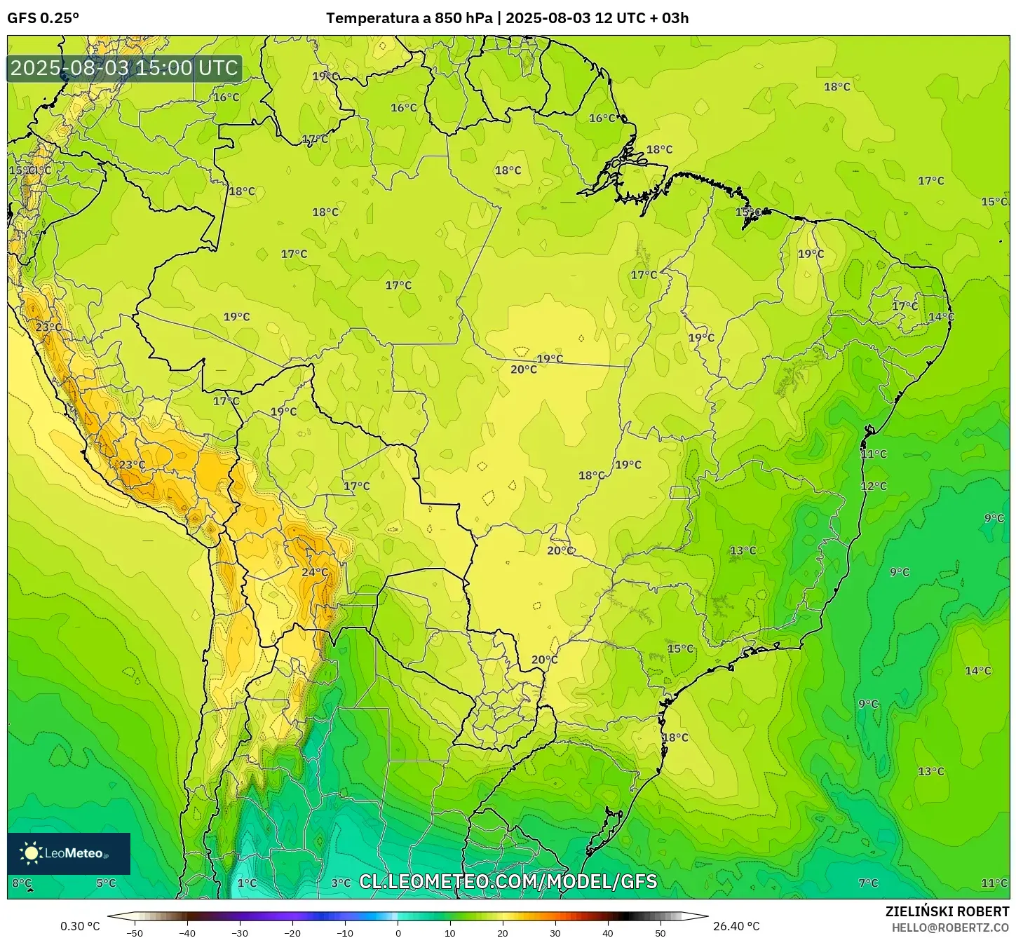 GFS model - Brasil, Temperatura a 850 hPa