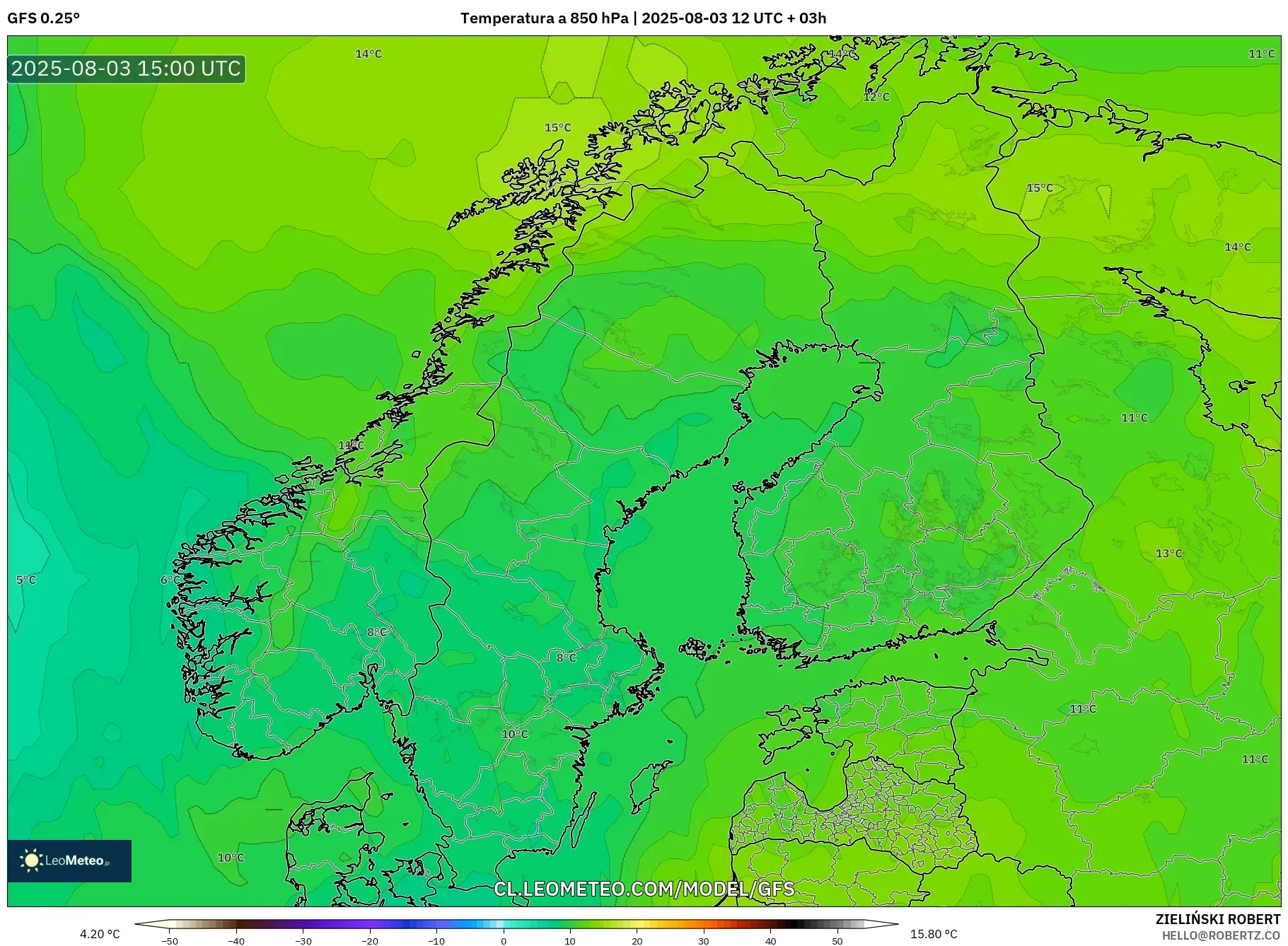GFS model - Escandinavia, Temperatura a 850 hPa GFS model - Escandinavia, Temperatura a 850 hPa