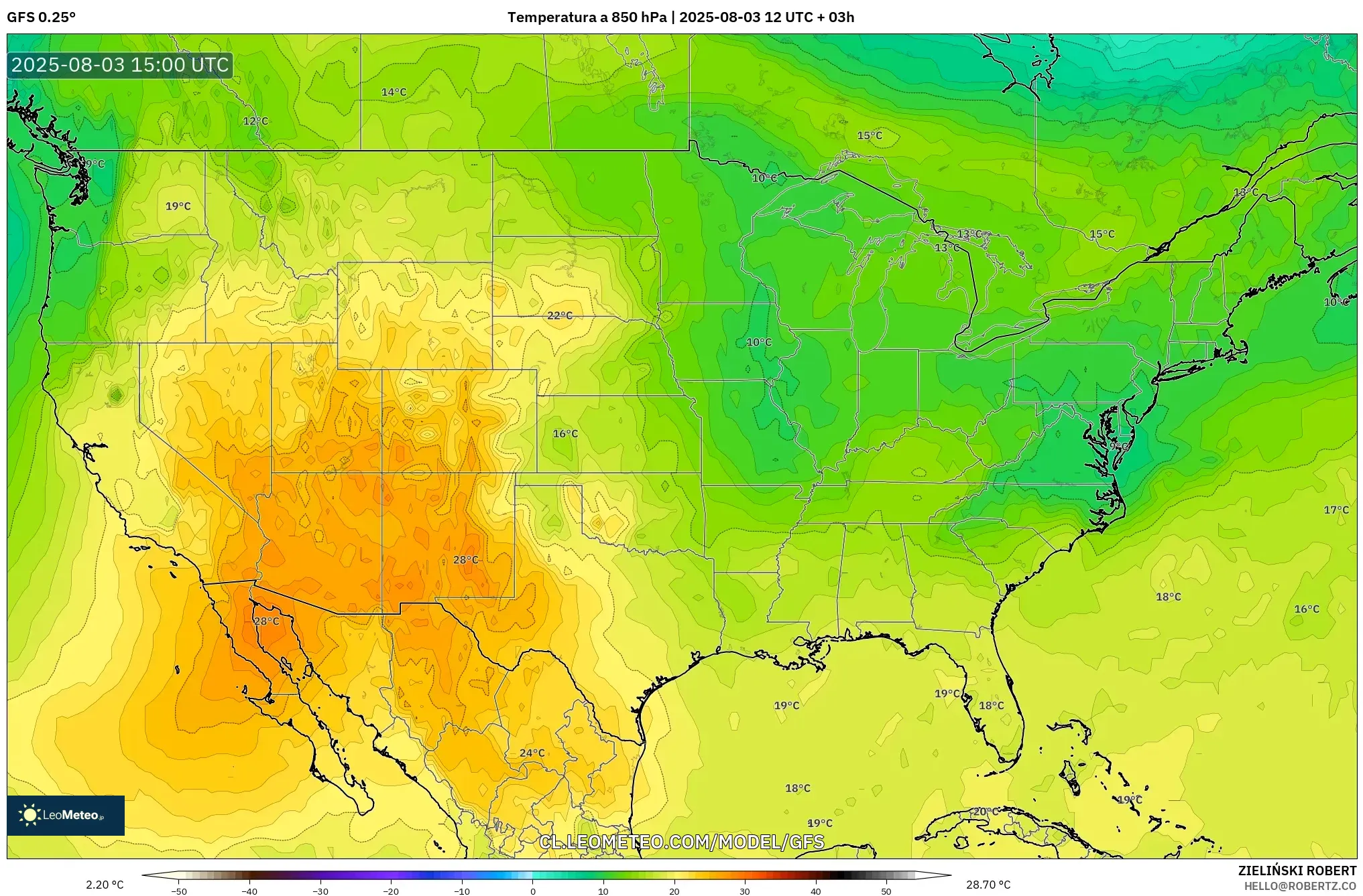 GFS model - Estados Unidos, Temperatura a 850 hPa