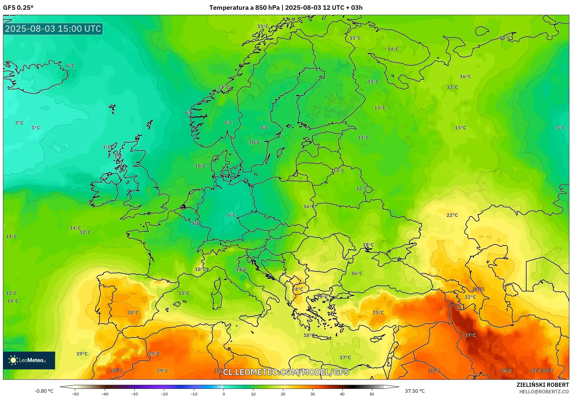 GFS model - Europa, Temperatura a 850 hPa