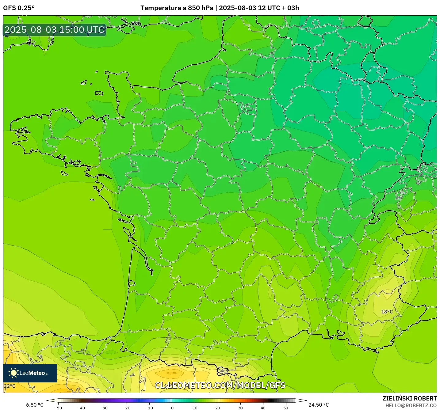 GFS model - Francia, Temperatura a 850 hPa GFS model - Francia, Temperatura a 850 hPa