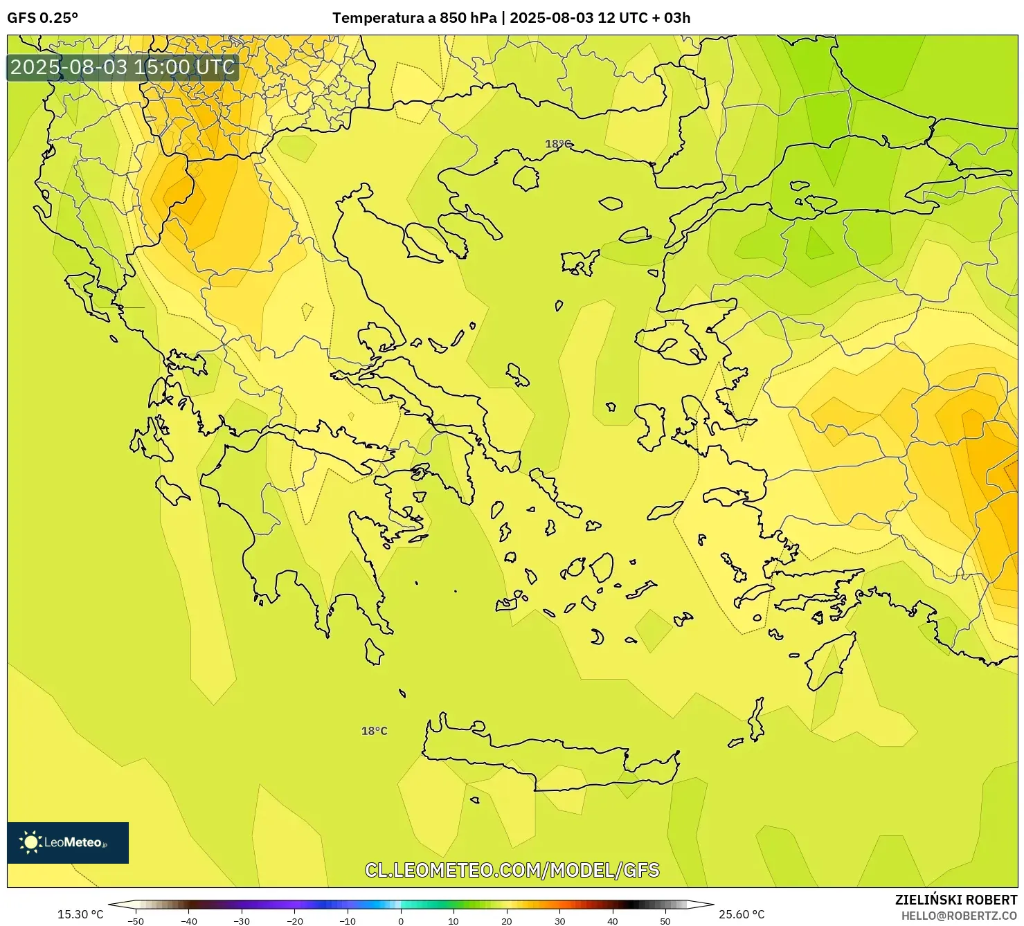 GFS model - Grecia, Temperatura a 850 hPa