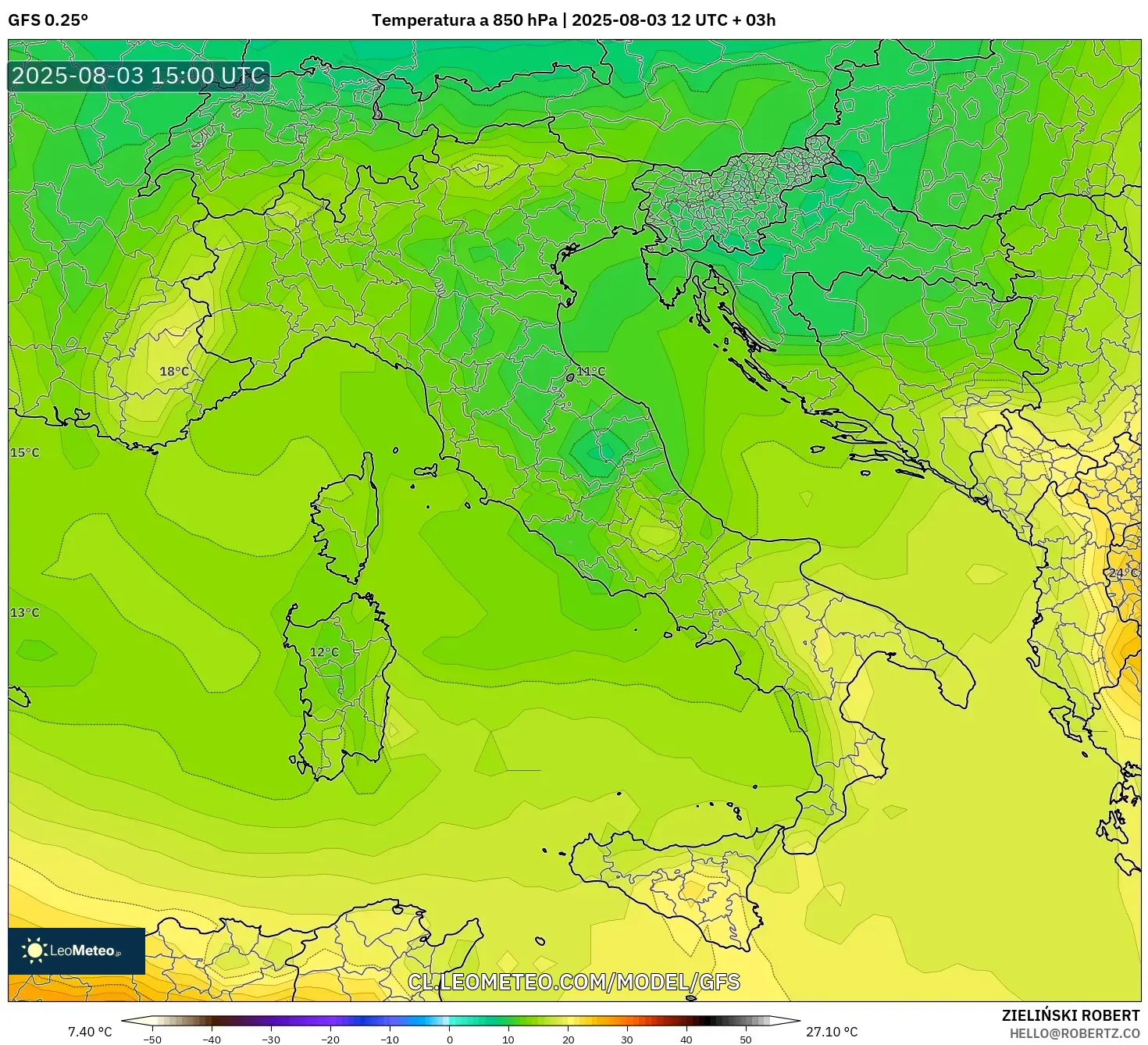 GFS model - Italia, Temperatura a 850 hPa