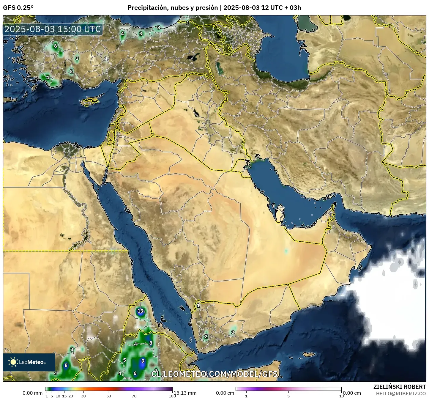 GFS model - Oriente Medio, Precipitación, nubes y presión GFS model - Oriente Medio, Precipitación, nubes y presión
