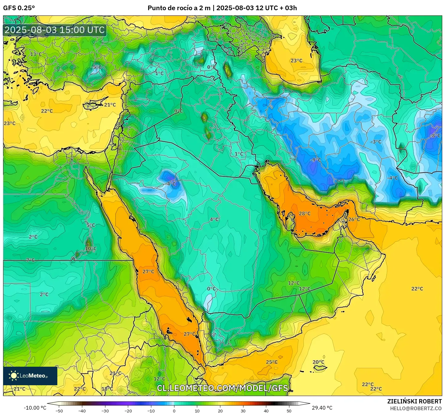 GFS model - Oriente Medio, Punto de rocío a 2 m GFS model - Oriente Medio, Punto de rocío a 2 m