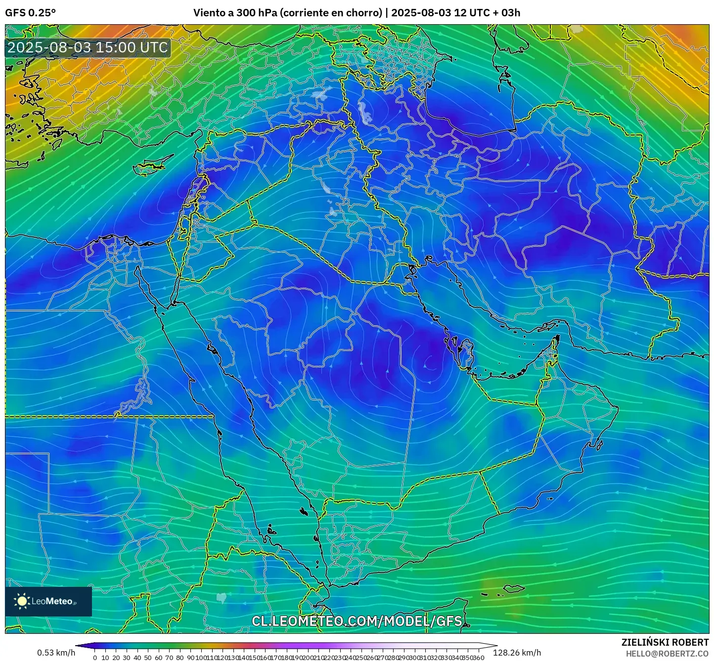 GFS model - Oriente Medio, Viento a 300 hPa (corriente en chorro)