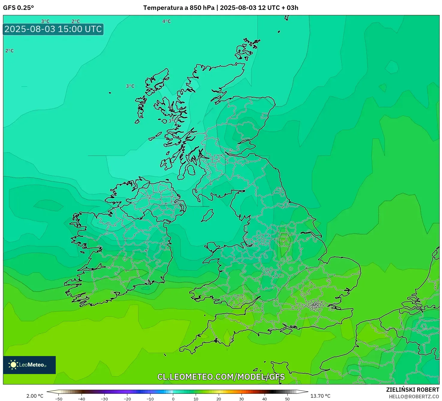 GFS model - Reino Unido, Temperatura a 850 hPa