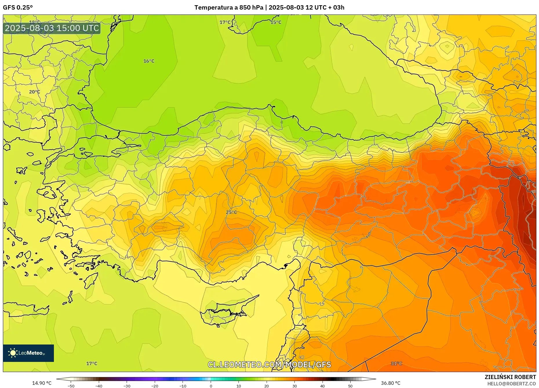 GFS model - Turquía, Temperatura a 850 hPa