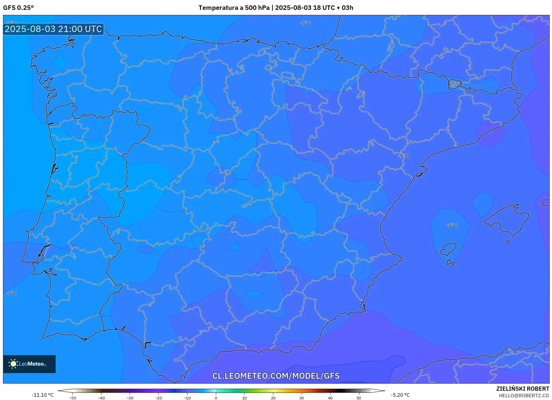 GFS model - España, Temperatura a 500 hPa