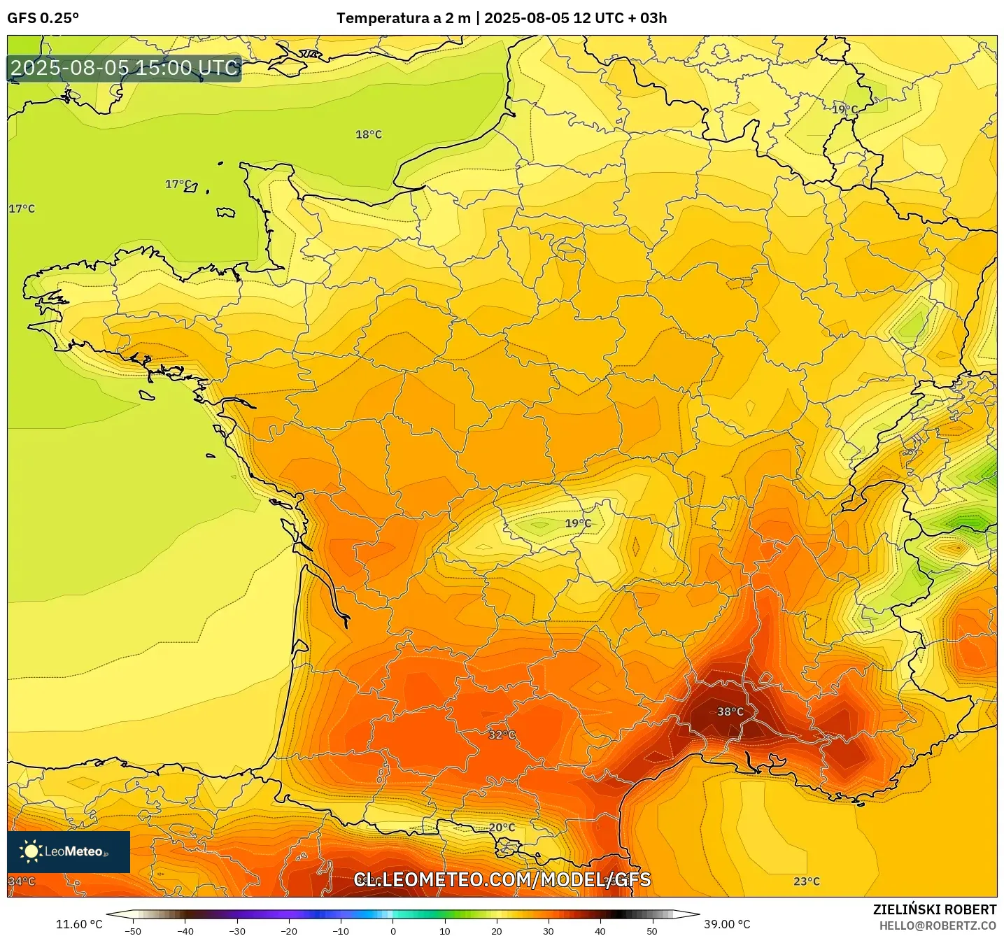 GFS model - Francia, Temperatura a 2 m GFS model - Francia, Temperatura a 2 m