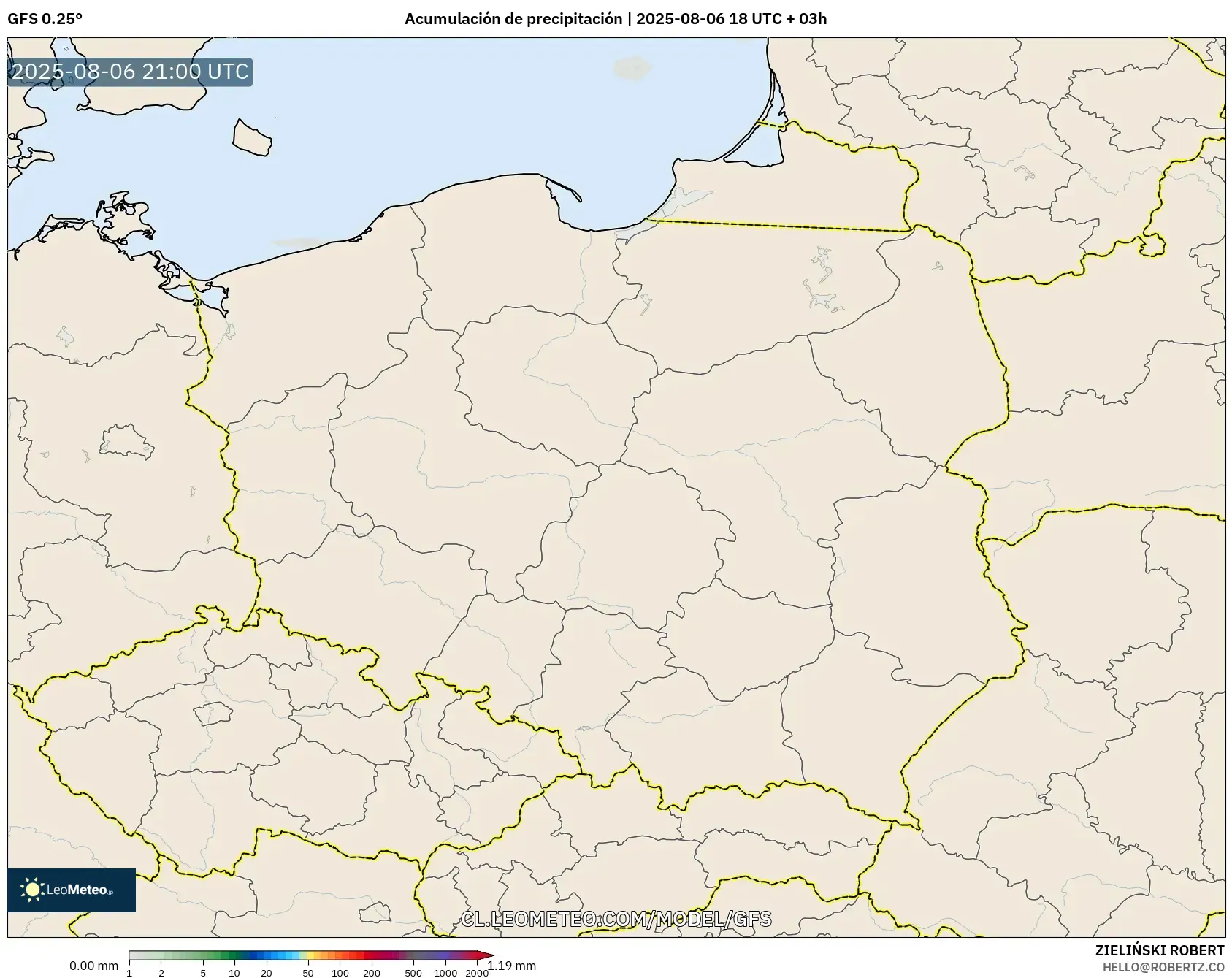 GFS model - Polonia, Acumulación de precipitación GFS model - Polonia, Acumulación de precipitación