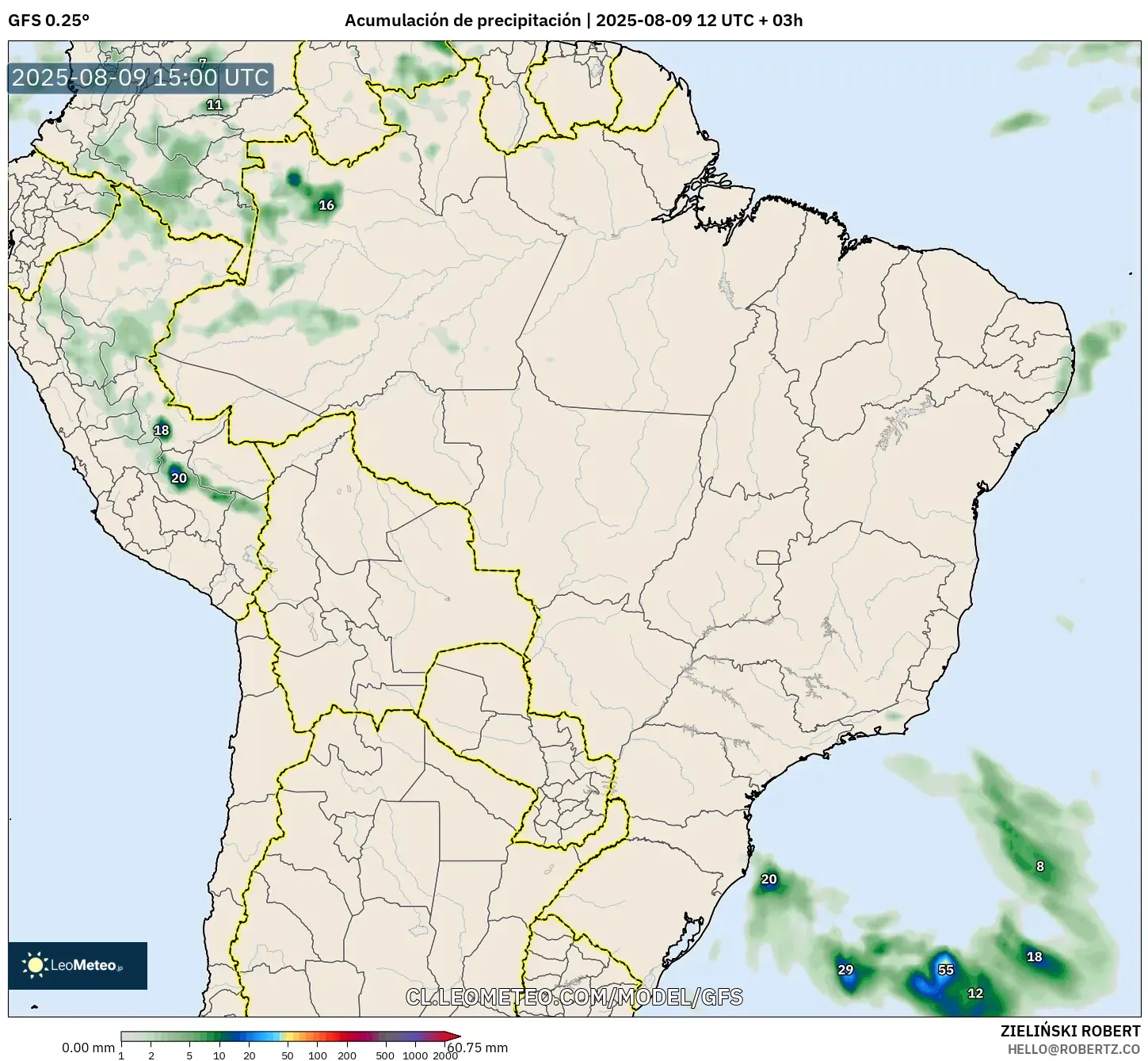 GFS model - Brasil, Acumulación de precipitación GFS model - Brasil, Acumulación de precipitación